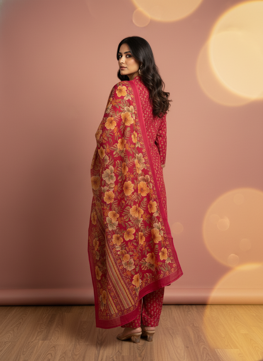 Pure Cotton A-Line Block Print Suit Set with Dupatta – Deep Pink