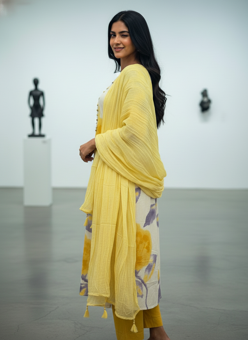 Purple & Yellow Floral Pure Cotton A-Line Suit Set