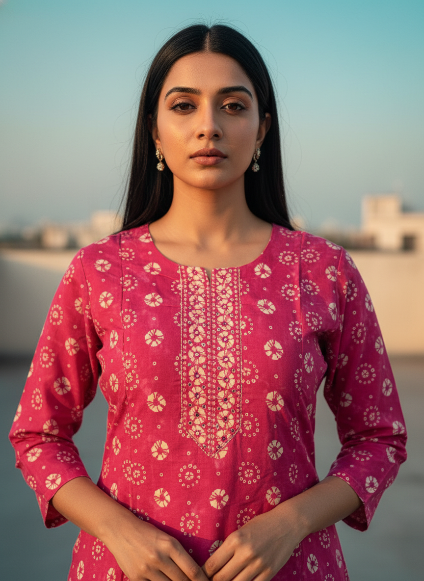 Pink Cambric Cotton Straight Suit Set