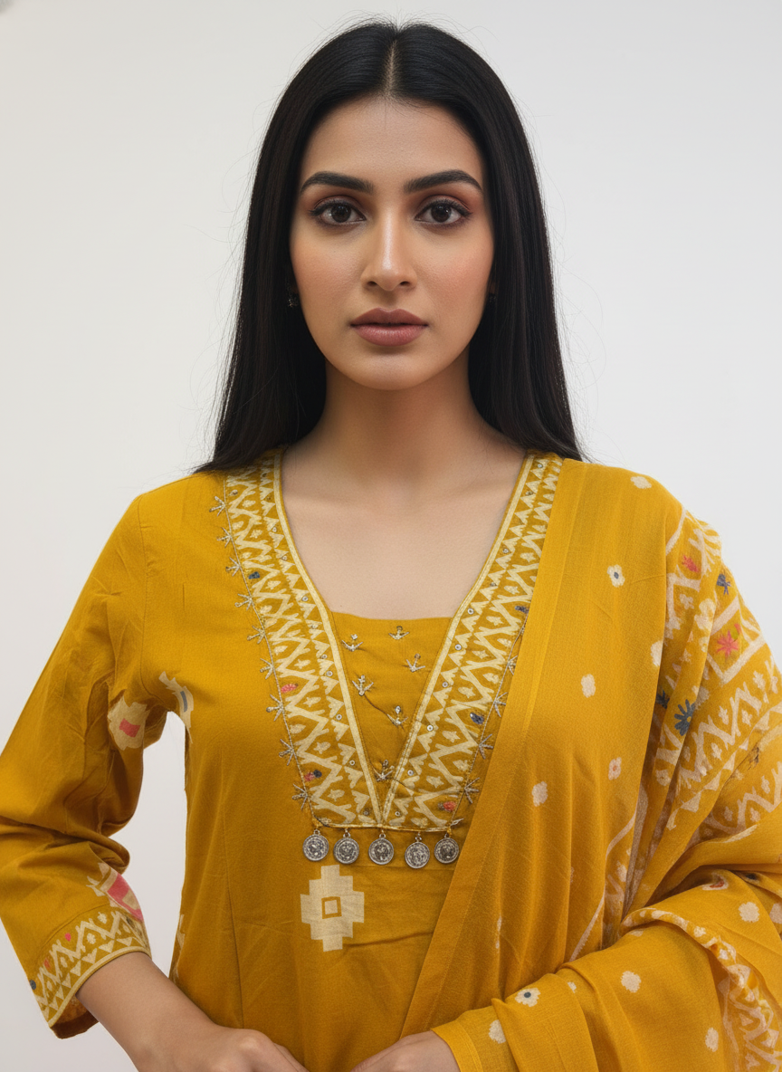 Cotton Mustard Printed Straight Suit Set with Ikat-Inspired Detailing