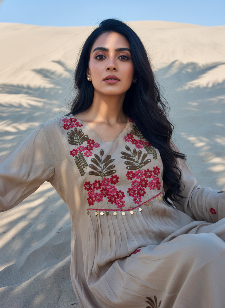 Elegant Beige-Gold Mal Chanderi A-Line Suit Set