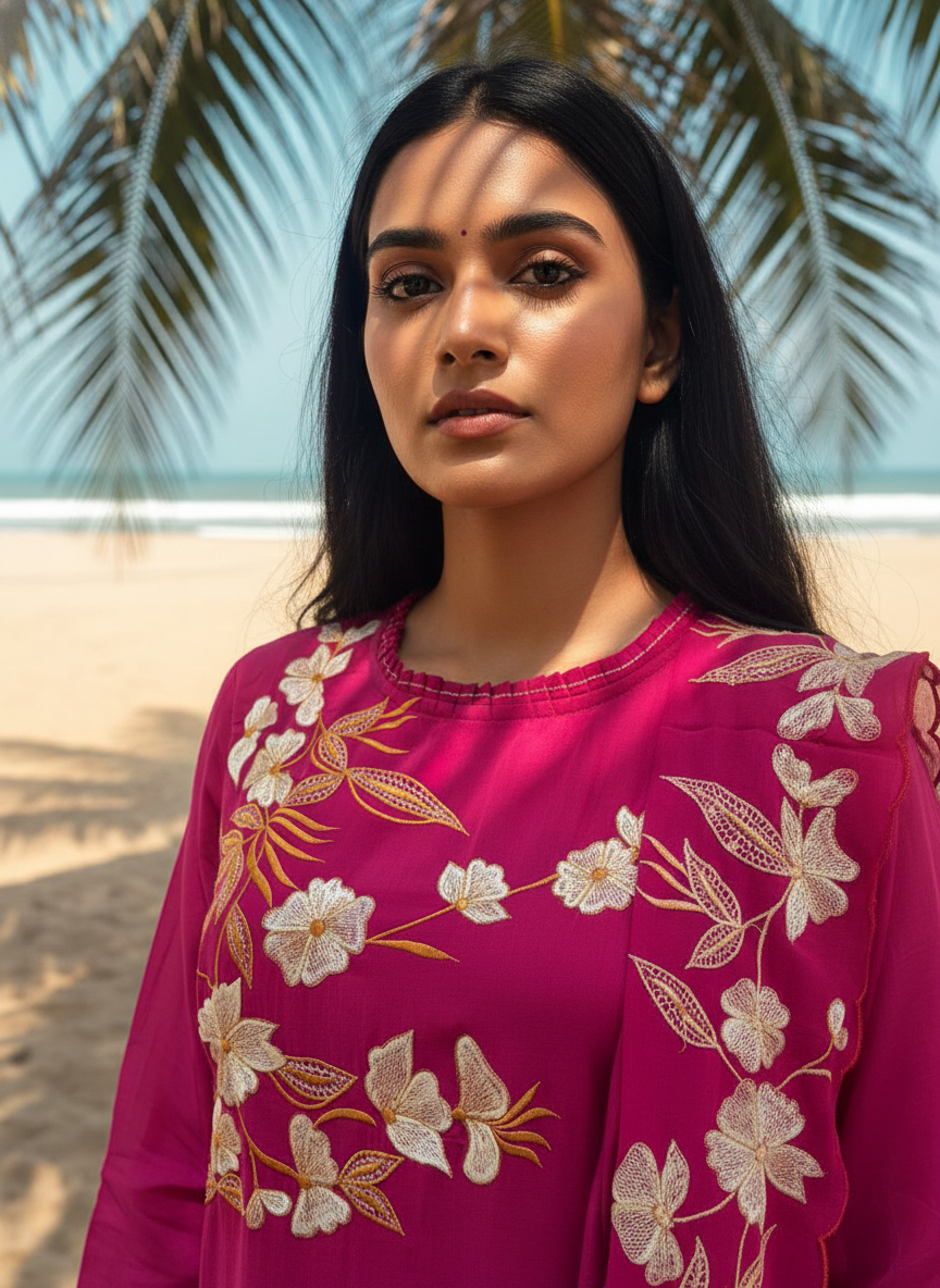 Rani Mal Chanderi A-Line Suit Set with White & Orange Thread Embroidery