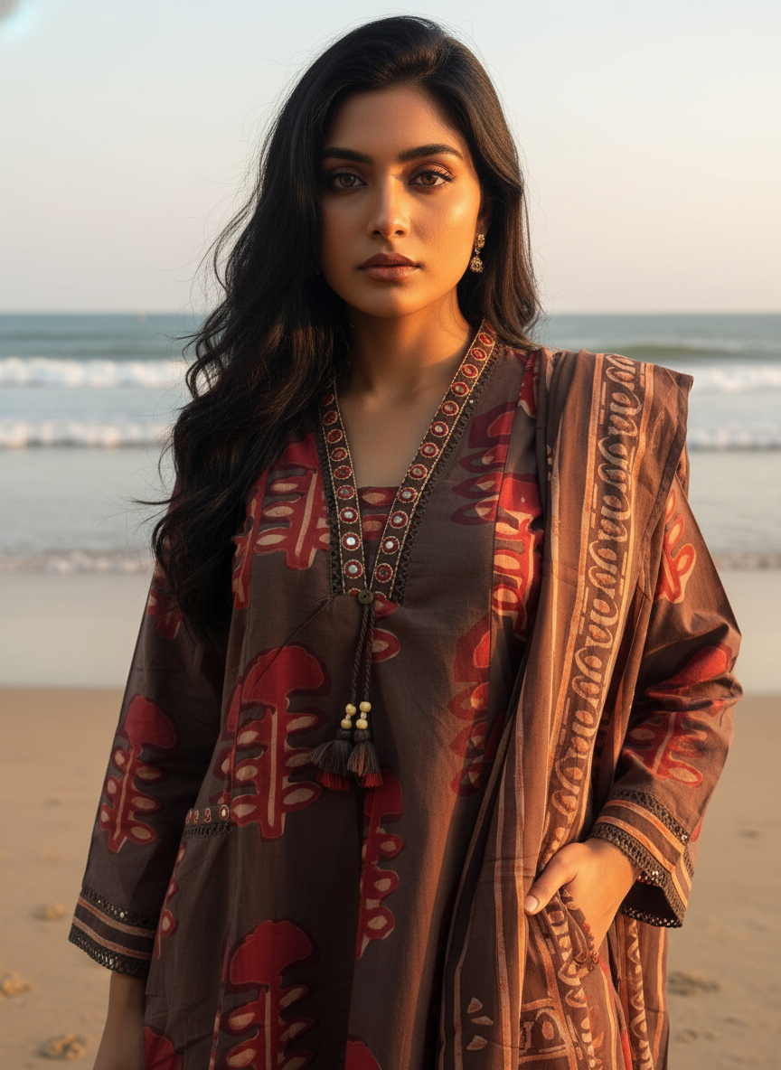 Cotton A-Line Suit Set with Hand-Block Inspired Prints & Patch Pockets