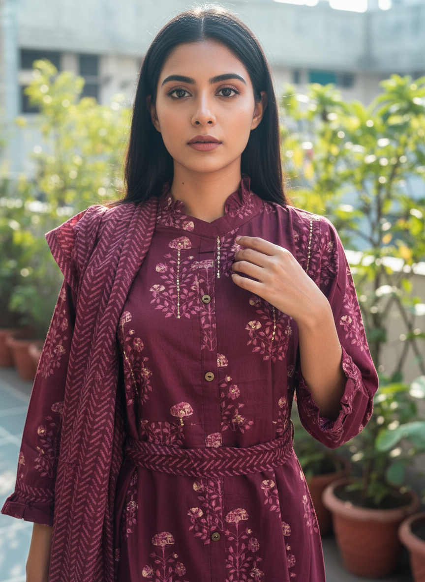 Pure cotton printed long A-line suit set