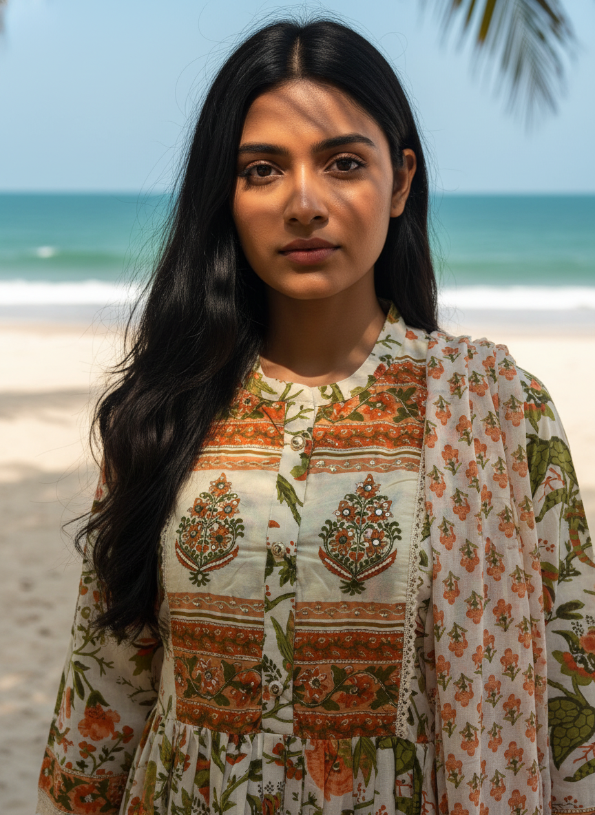 Cotton printed Mandarin-collar Anarkali suit