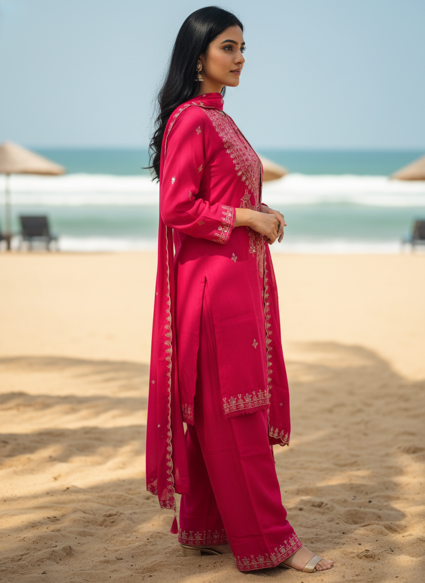 Mal Chanderi Parsi Pattern Suit Set – Rani Pink Elegance with Intricate Threadwork