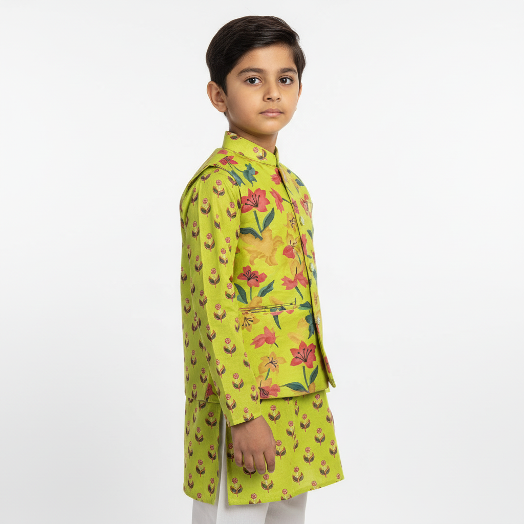 Boys Lime Green Cotton Kurta Set with Floral Nehru Jacket