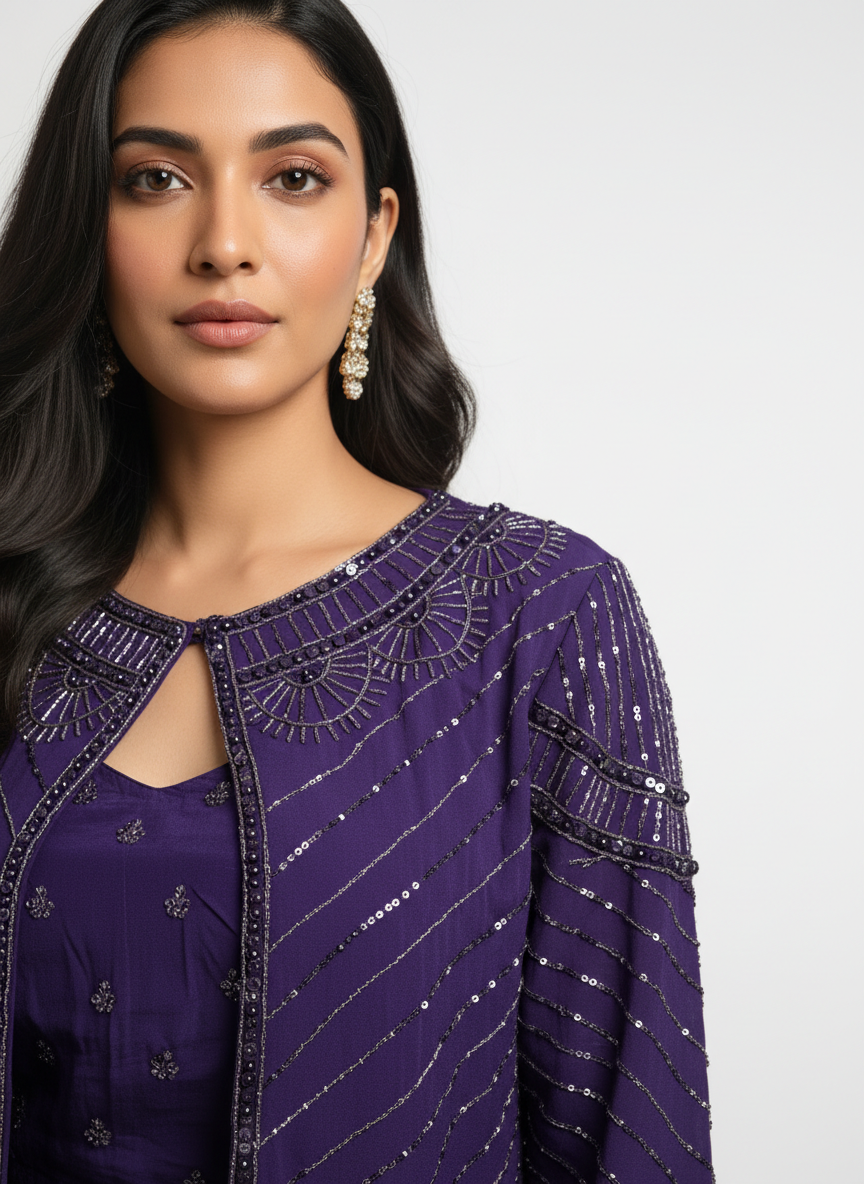 Royal Purple Natural Crepe Designer Co-Ord Set with Pearl & Bead Embellished Jacket
