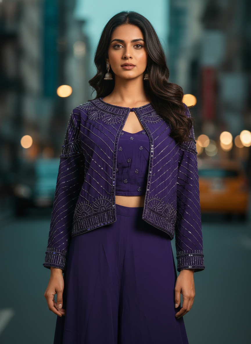 Royal Purple Natural Crepe Designer Co-Ord Set with Pearl & Bead Embellished Jacket