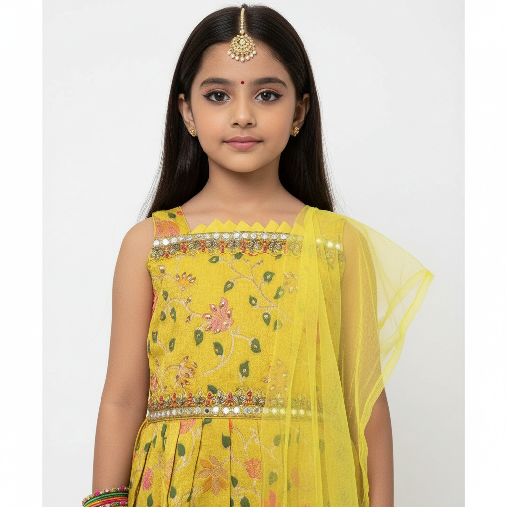 Lime Yellow Kids’ Brocade Jacquard Dress Set – Festive & Elegant