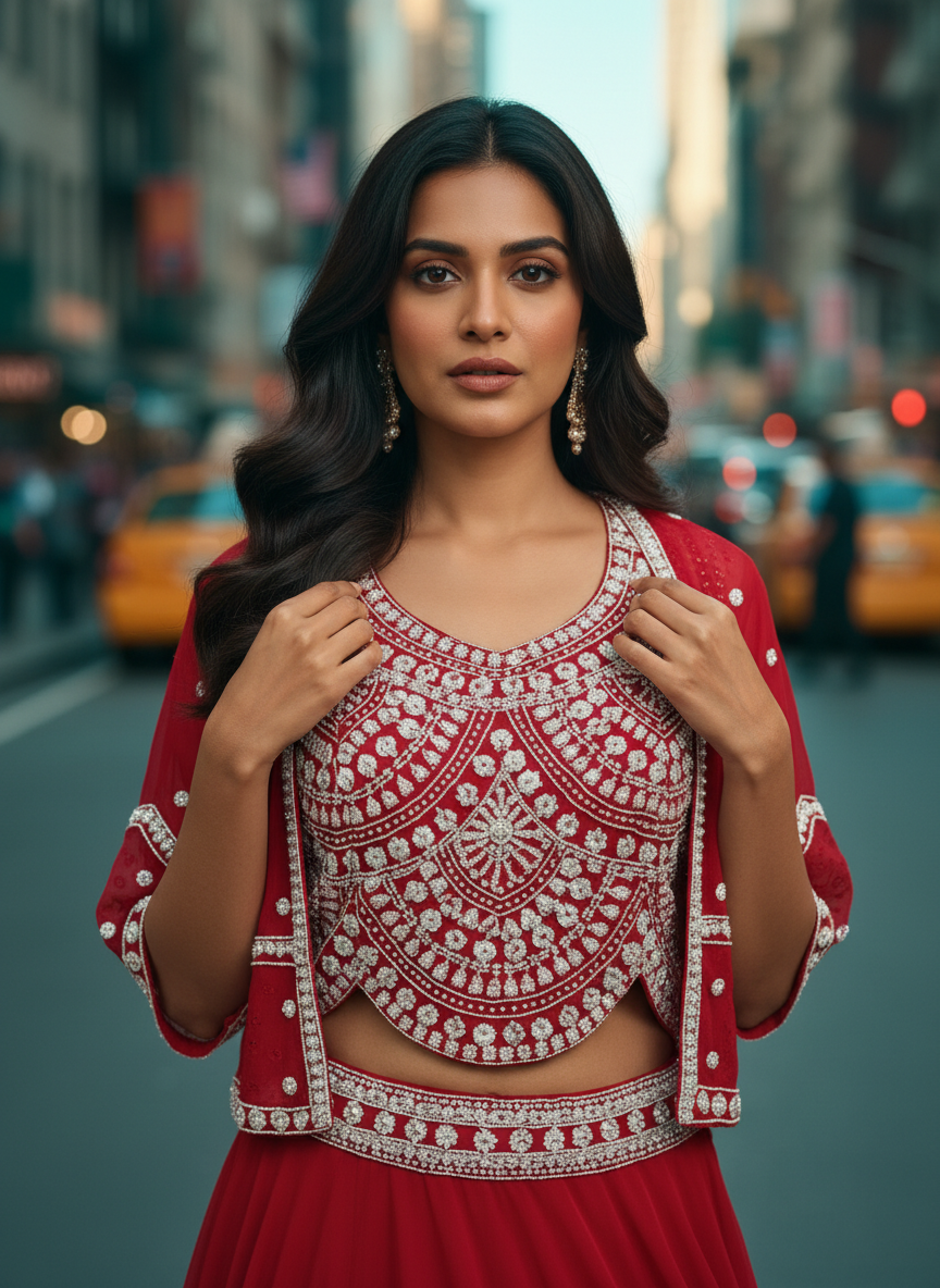 Cherry Red Designer Pearl Embellished Organza Skirt Set with Crop Top & Shrug