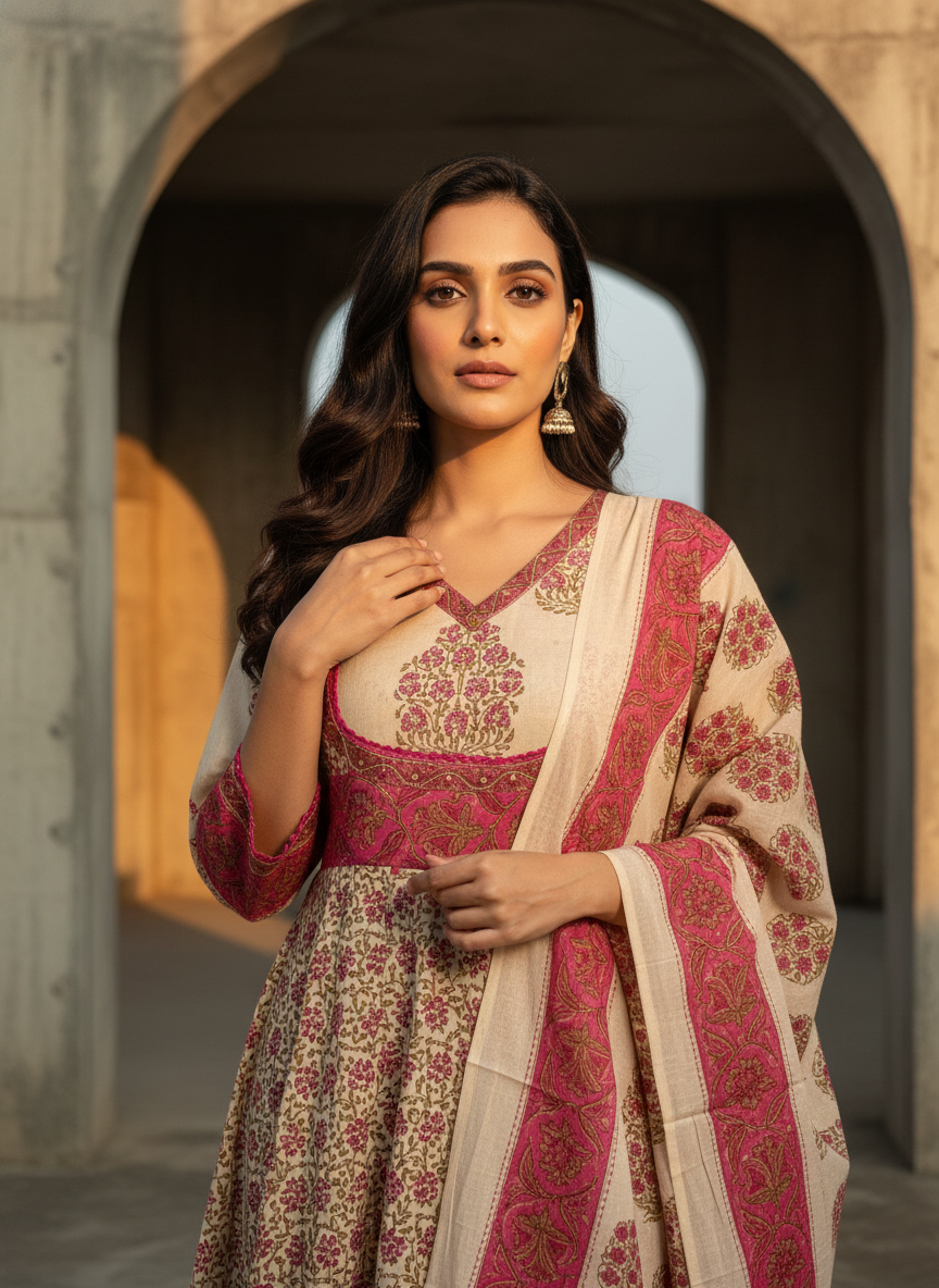 Pure Cotton A-Line Block Print Suit Set with Dupatta – Beige & Deep Pink