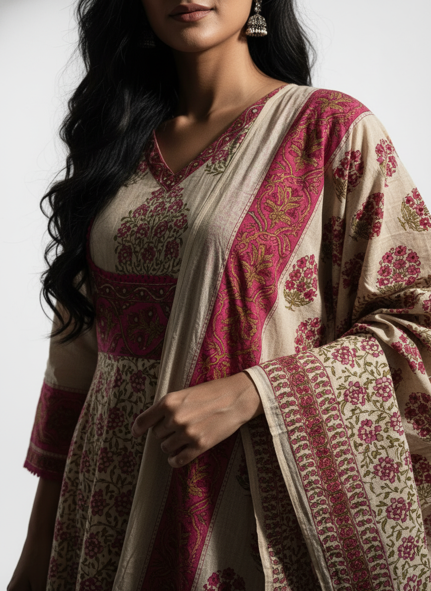 Pure Cotton A-Line Block Print Suit Set with Dupatta – Beige & Deep Pink