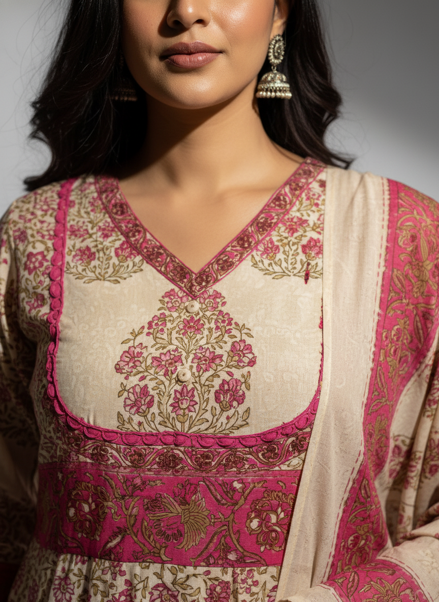 Pure Cotton A-Line Block Print Suit Set with Dupatta – Beige & Deep Pink