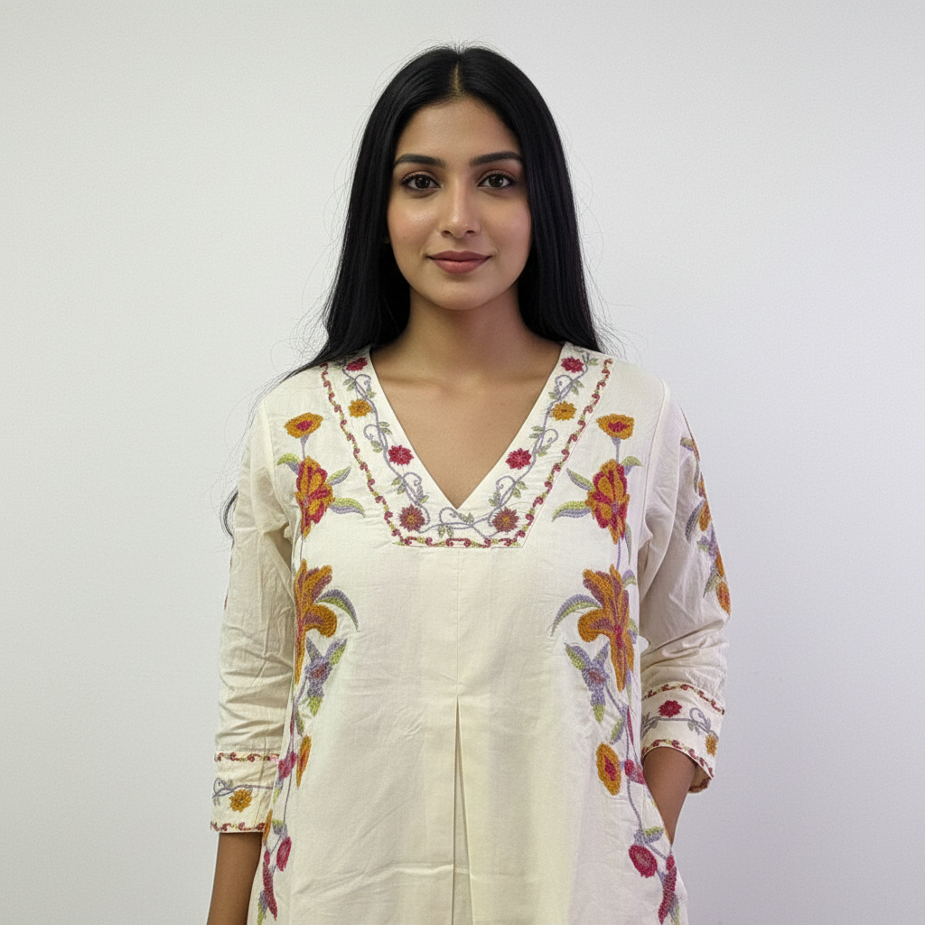 Beige White Mal Cotton Short Tunic Kurti β Elegant, Breezy & Beautifully Embroidered