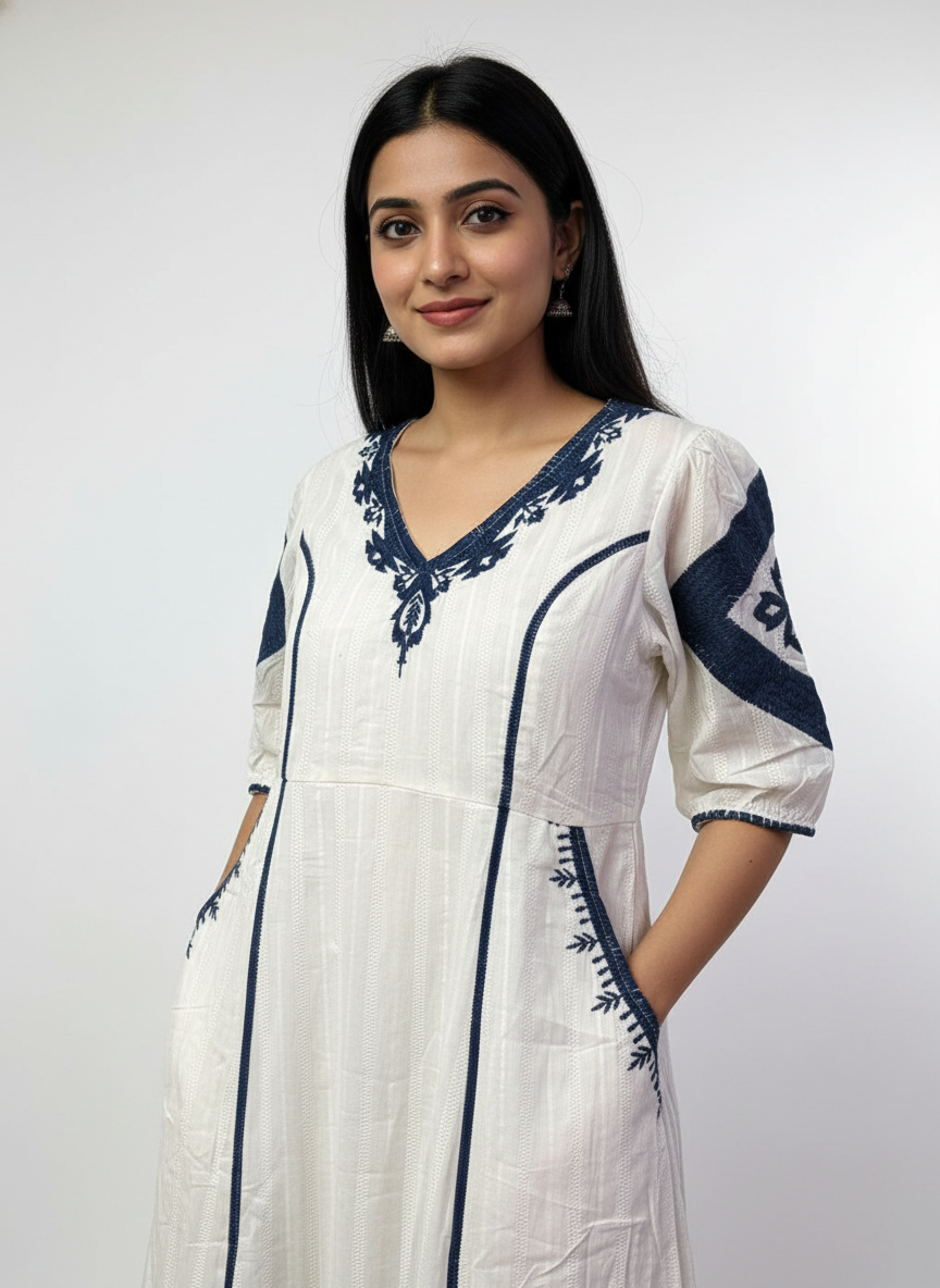 White Cotton-Blend Short Kurti with Navy Blue Embroidery & Front Pockets