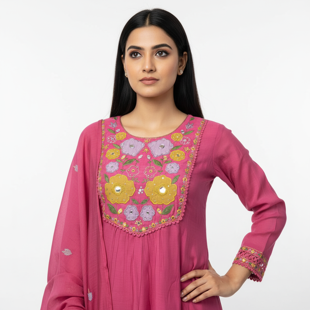 Onion Pink Mal Chanderi A-Line Suit Set – Elegant Floral Embroidery & Coordinated Dupatta