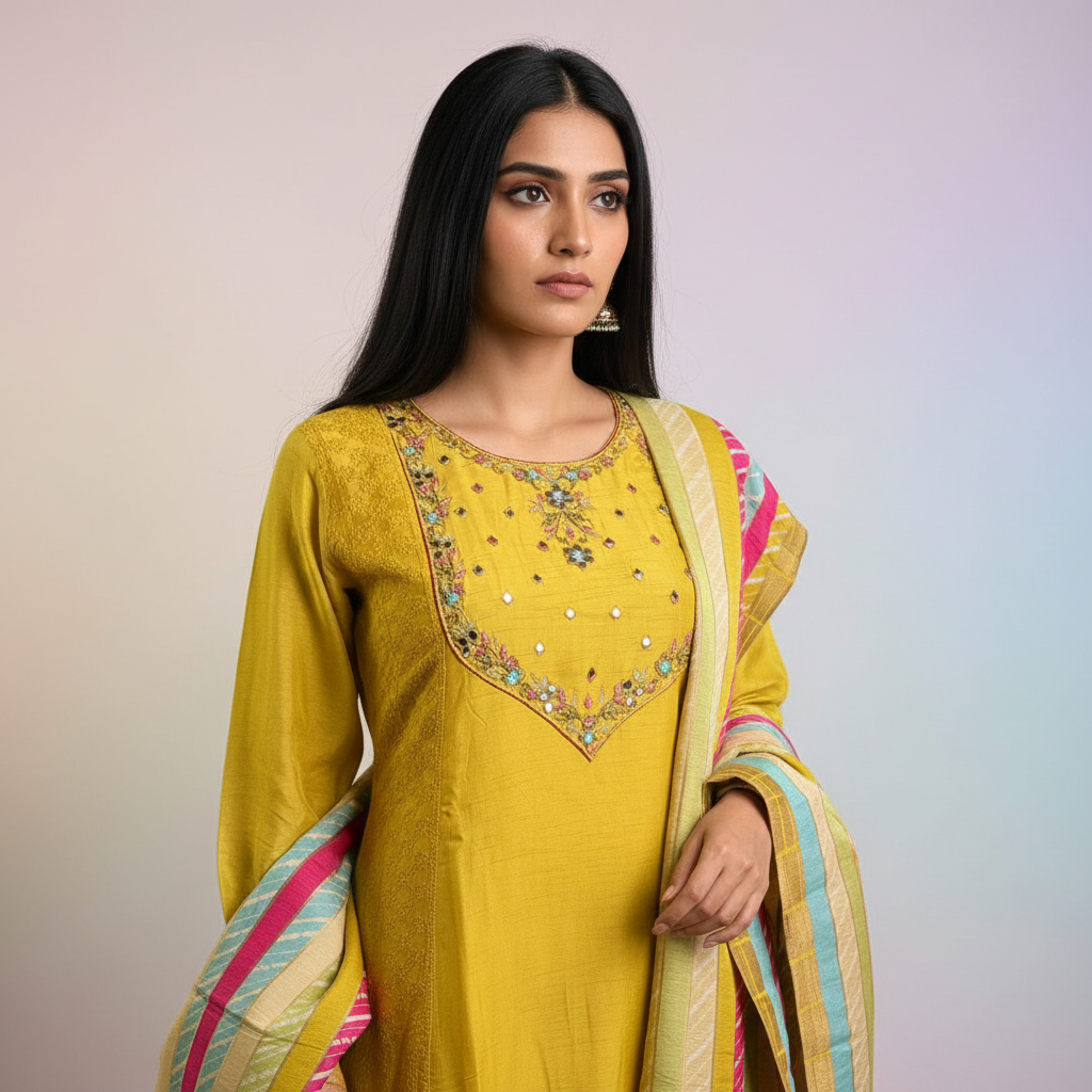 Dola Silk A-line Suit Set – Lime Yellow Elegance