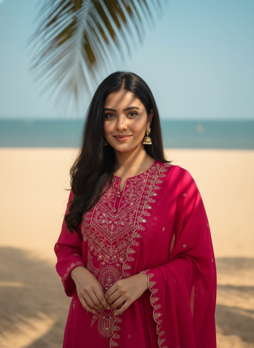 Mal Chanderi Parsi Pattern Suit Set – Rani Pink Elegance with Intricate Threadwork