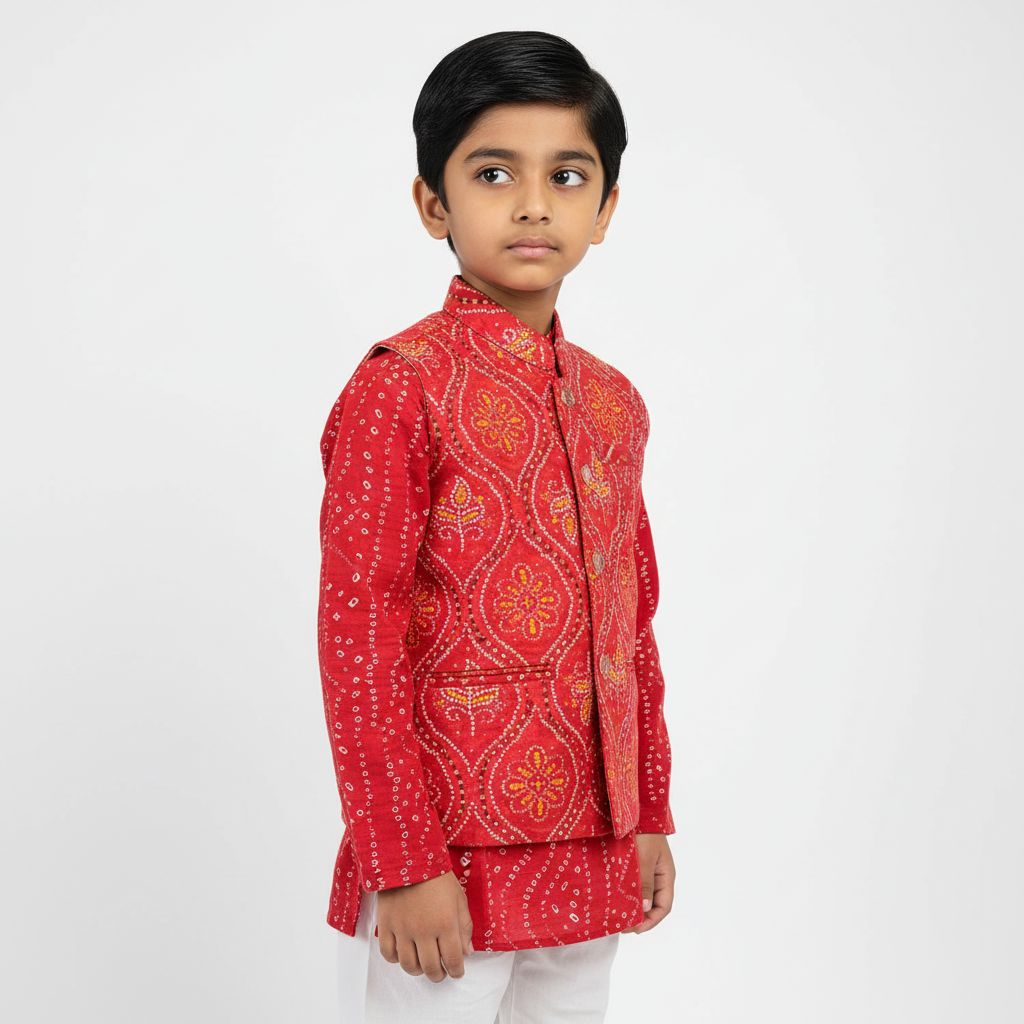 Kids’ Red Bandhani Cotton Kurta Set with Nehru Jacket – Traditional Charm