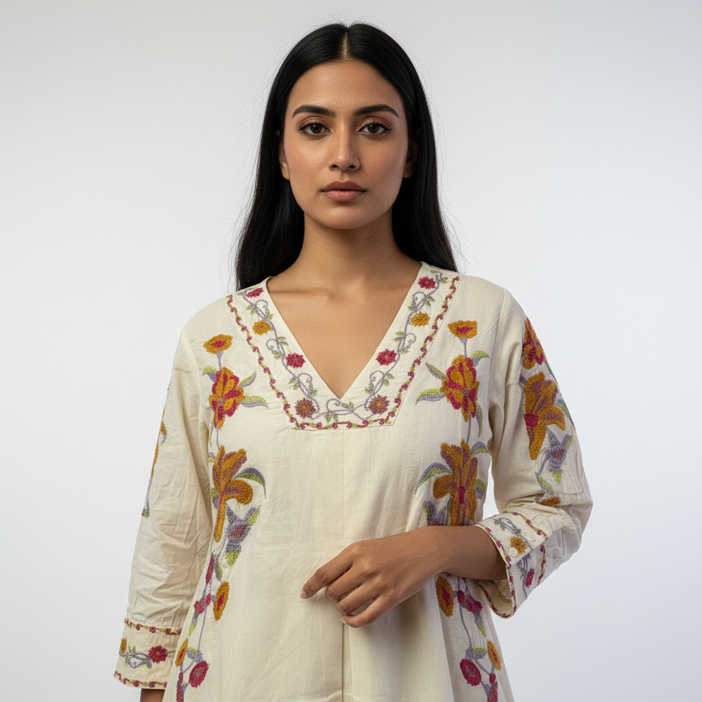 Beige White Mal Cotton Short Tunic Kurti β Elegant, Breezy & Beautifully Embroidered