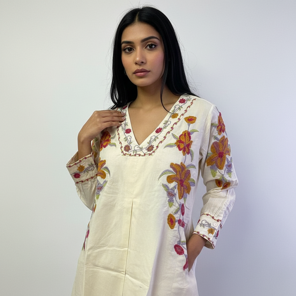 Beige White Mal Cotton Short Tunic Kurti – Elegant, Breezy & Beautifully Embroidered