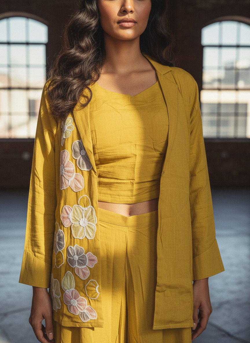 Pure Mal Chanderi Mustard Coord Set with Floral Applique Embroidery