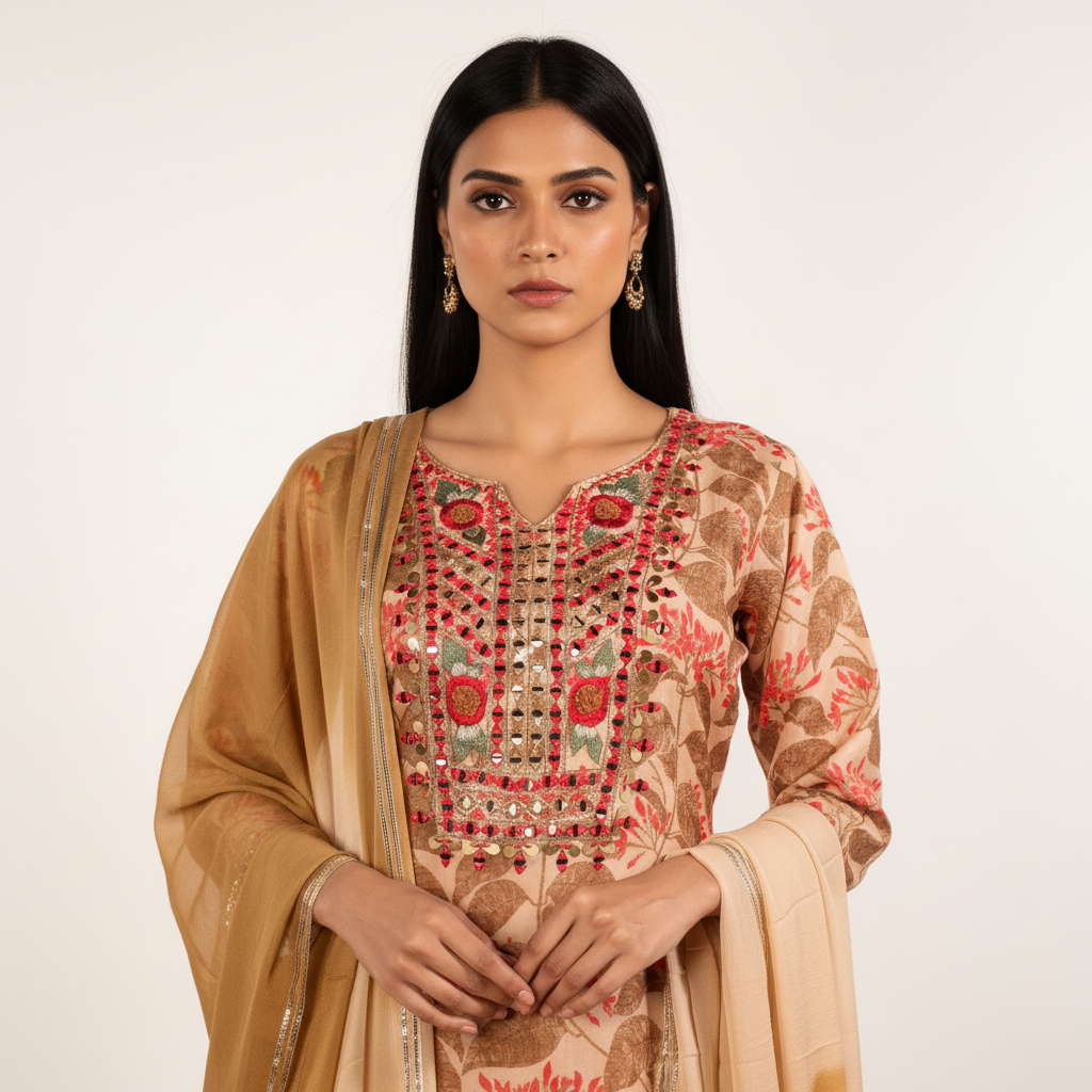 Midnight X M'Foks - Modal Silk Floral Hand Work Kurta With Dupatta & Pant - Beige