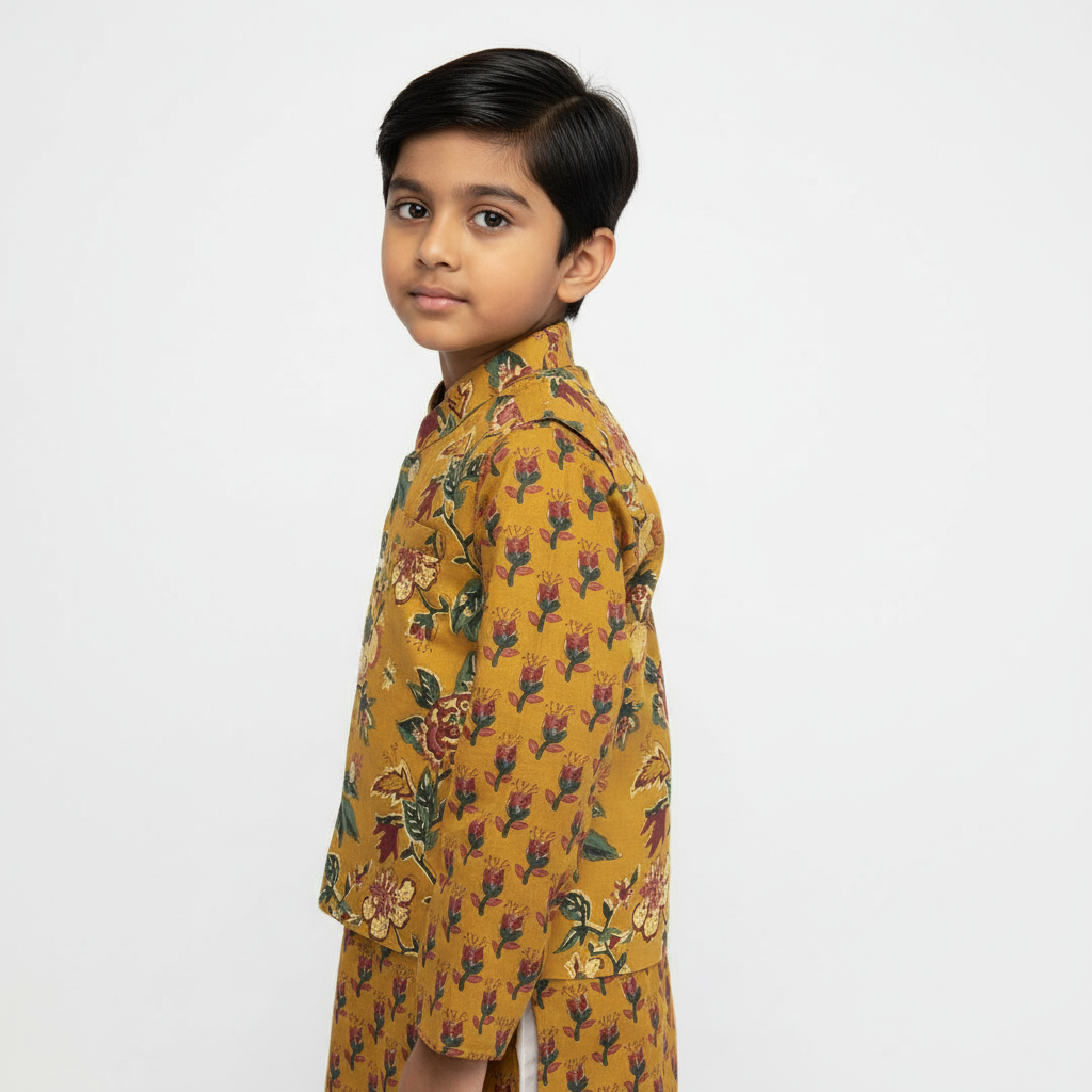 Kids’ Mustard Cotton Kurta Set with Floral Nehru Jacket – Traditional & Stylish