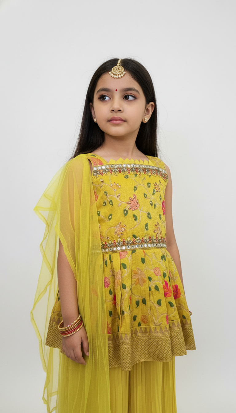Lime Yellow Kids’ Brocade Jacquard Dress Set – Festive & Elegant