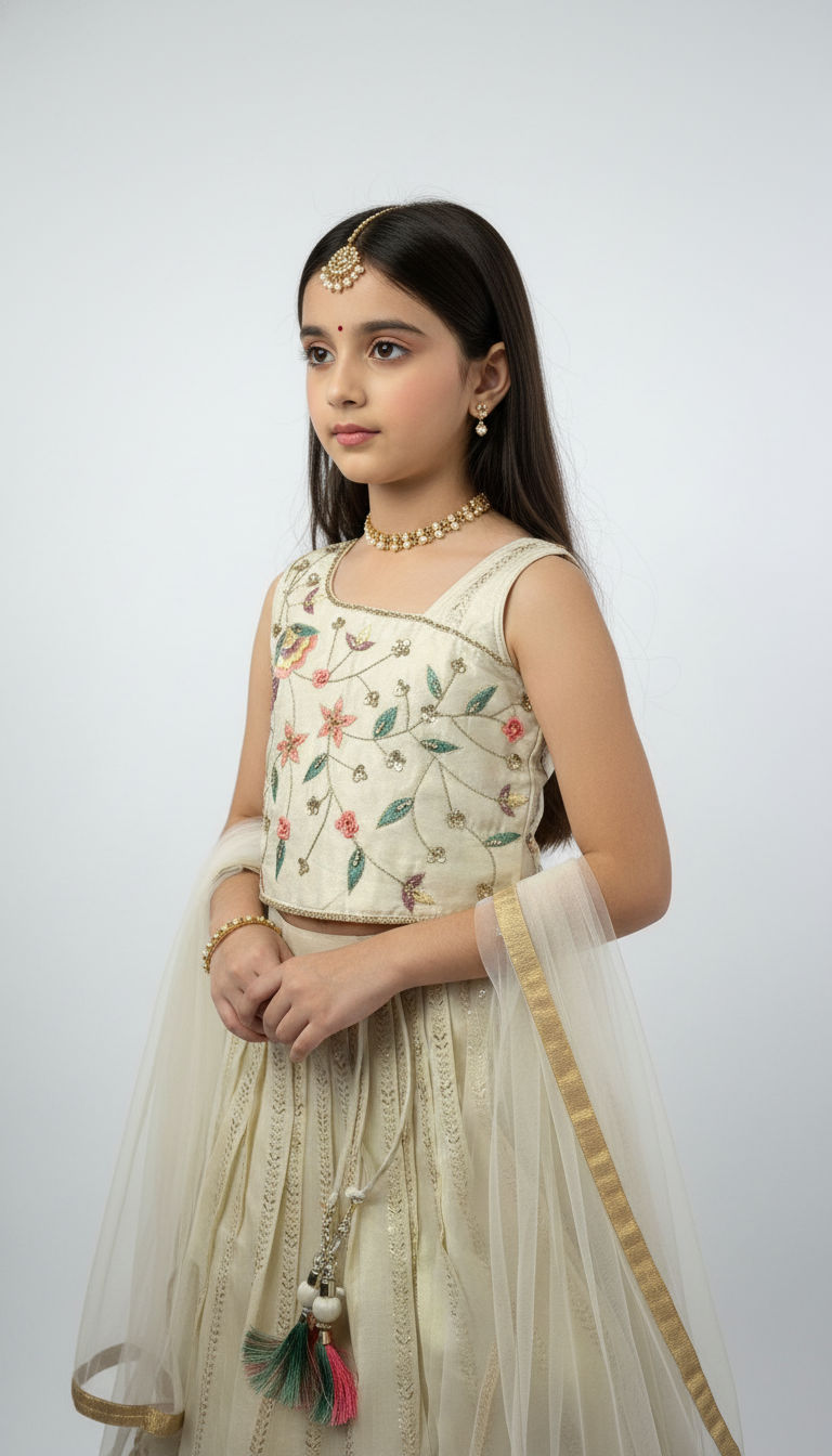 Ivory Tissue Kids’ Lehenga & Blouse Set – Elegant Handcrafted Festive Wear