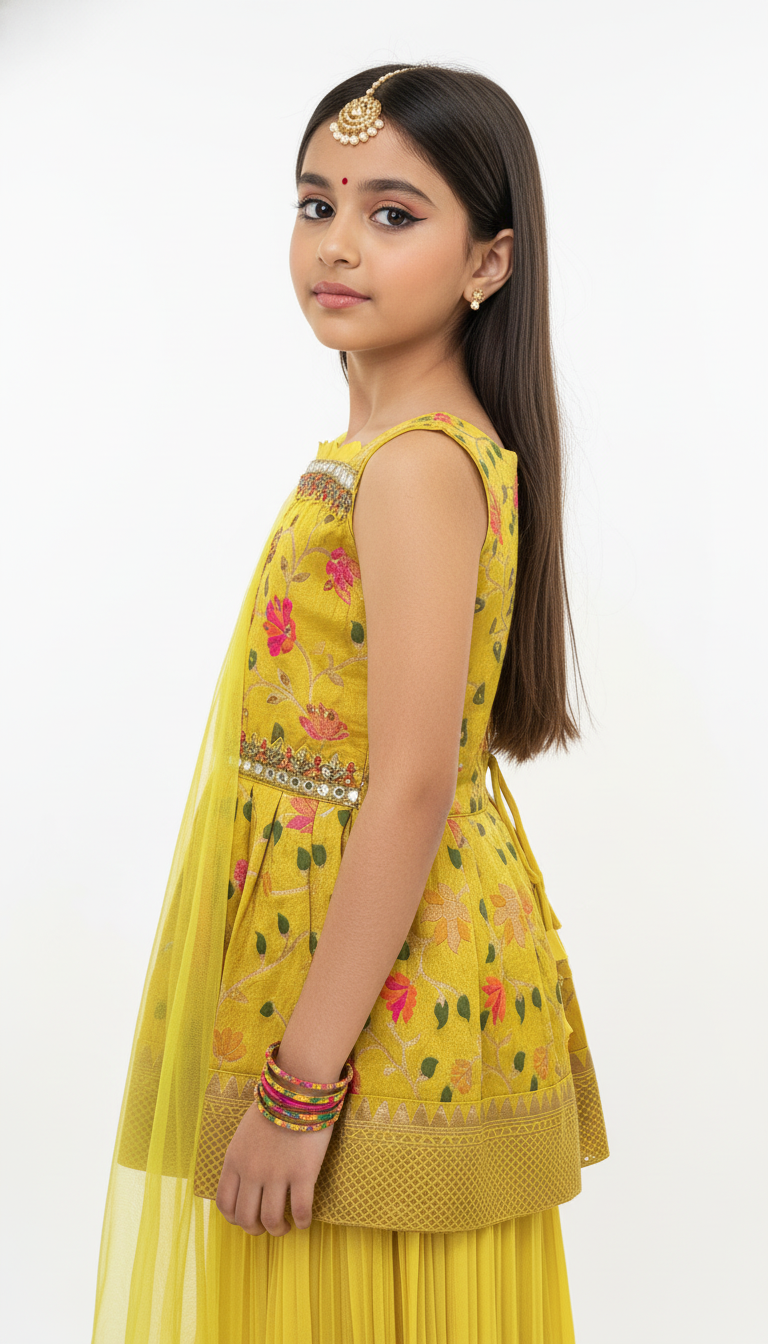 Lime Yellow Kids’ Brocade Jacquard Dress Set – Festive & Elegant