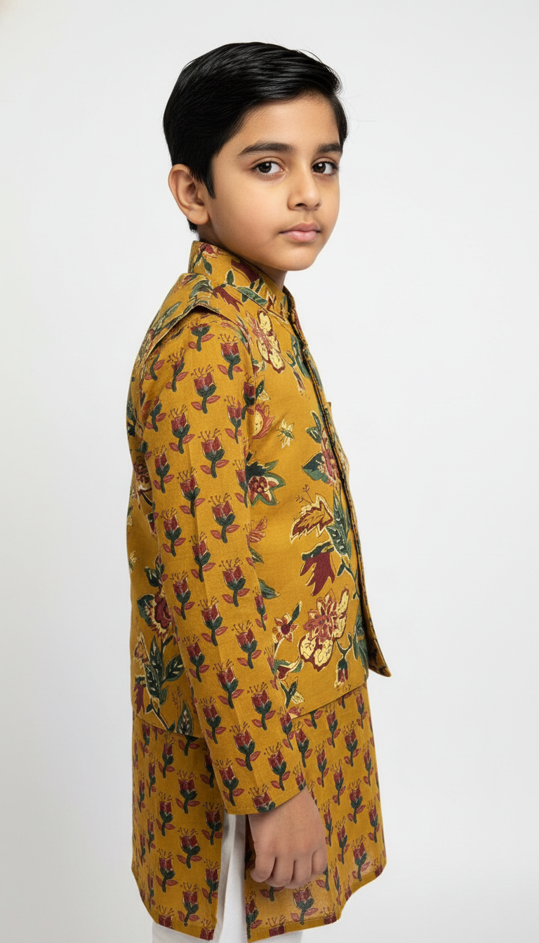 Kids’ Mustard Cotton Kurta Set with Floral Nehru Jacket – Traditional & Stylish