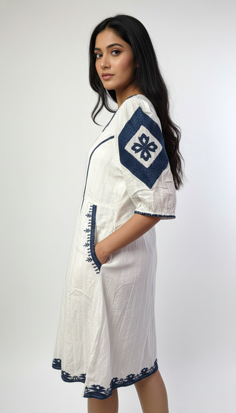 White Cotton-Blend Short Kurti with Navy Blue Embroidery & Front Pockets