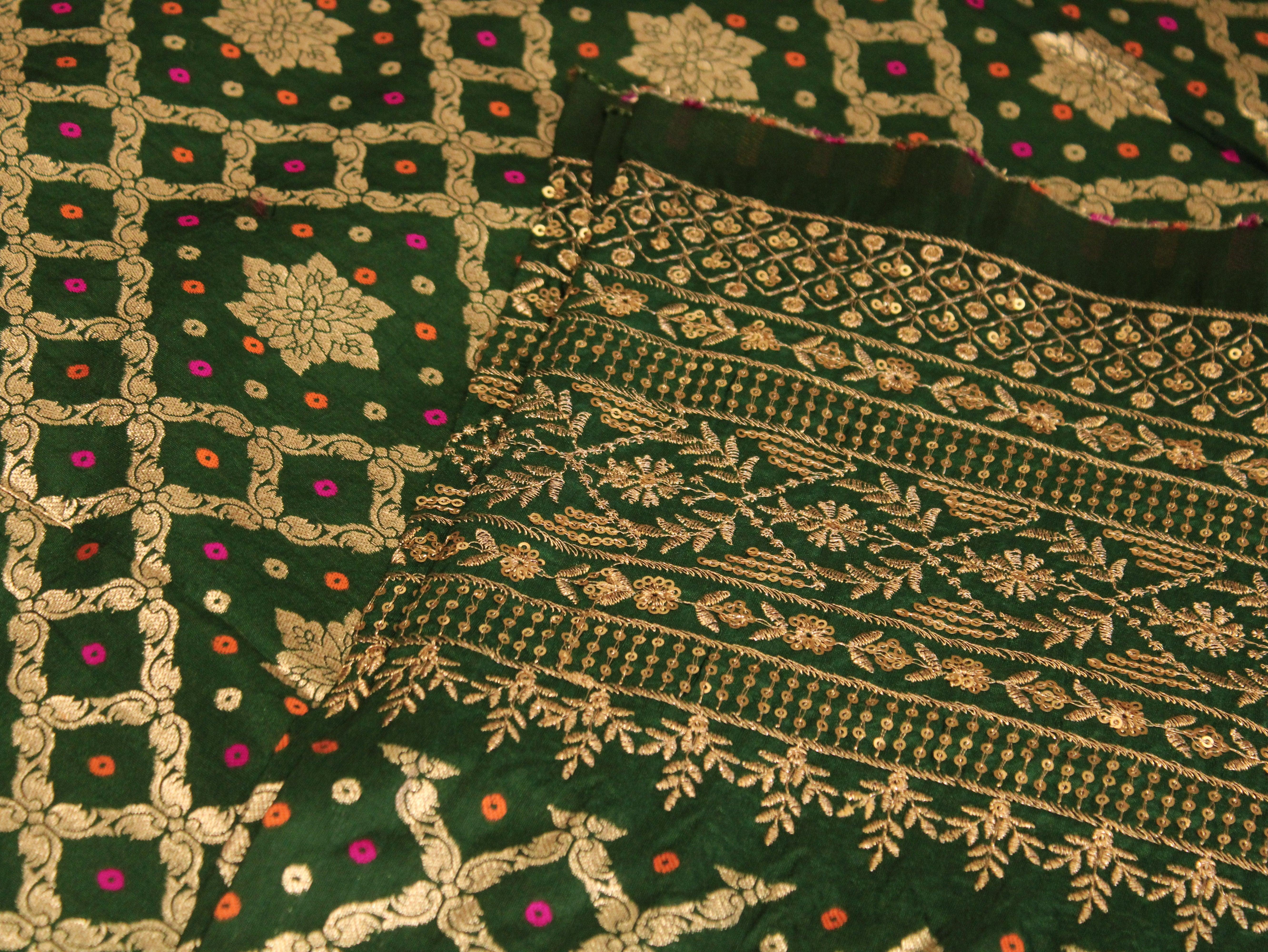 Zari Woven Bandhini Panel Work Dola Silk Fabric - Green - M'Foks