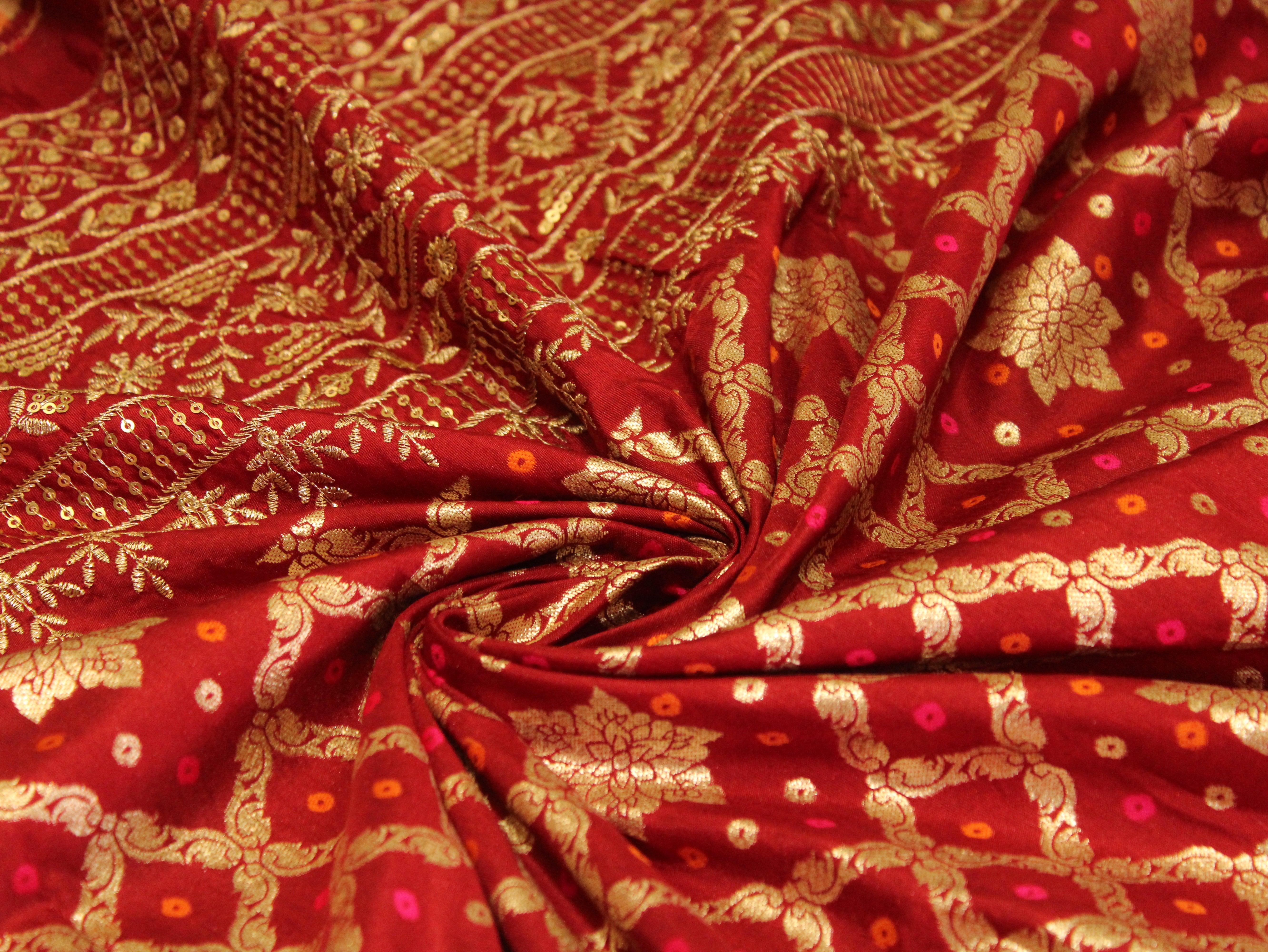 Zari Woven Bandhini Panel Work Dola Silk Fabric - Maroon - M'Foks
