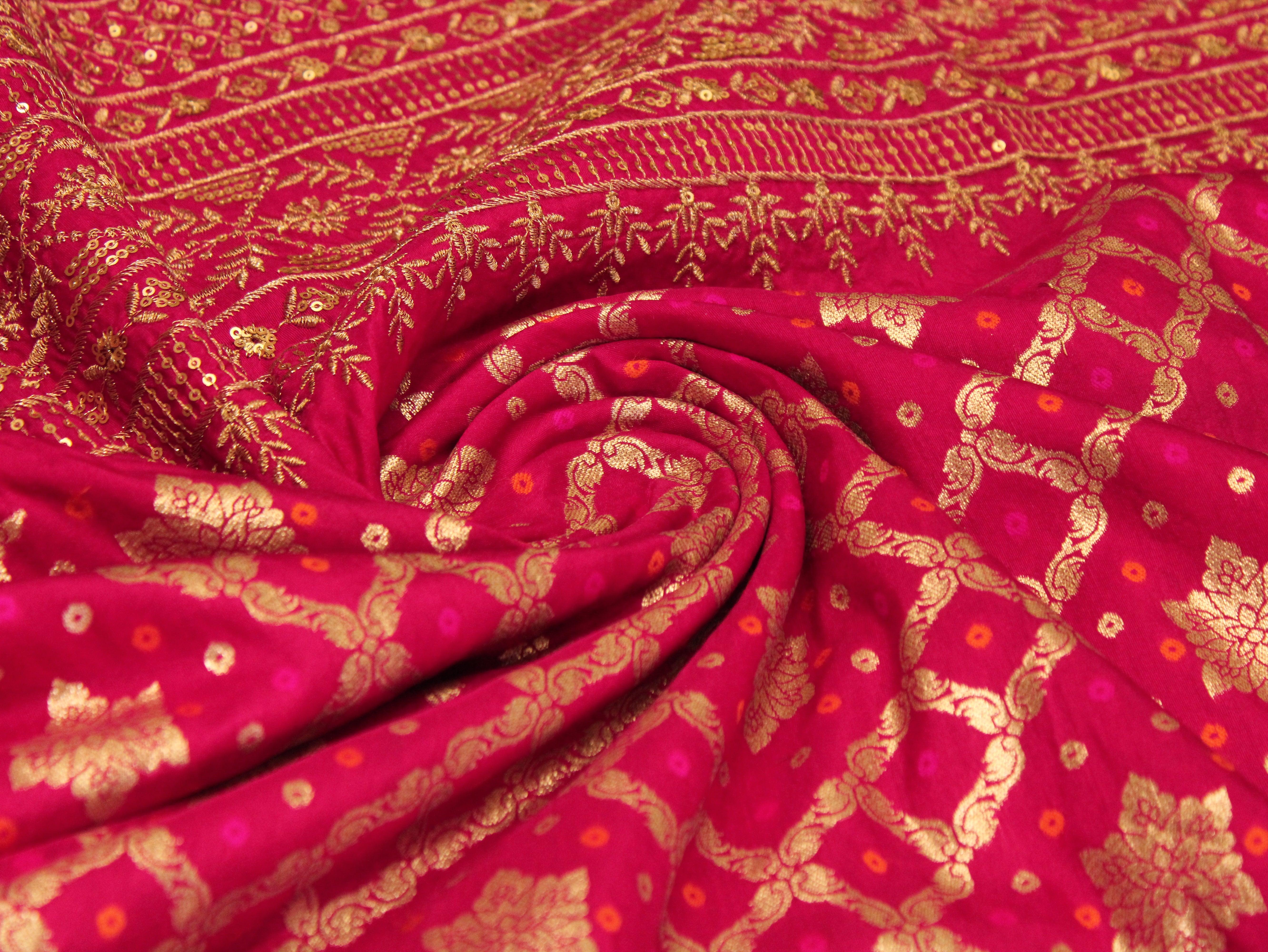 Zari Woven Bandhini Panel Work Dola Silk Fabric - Rani - M'Foks