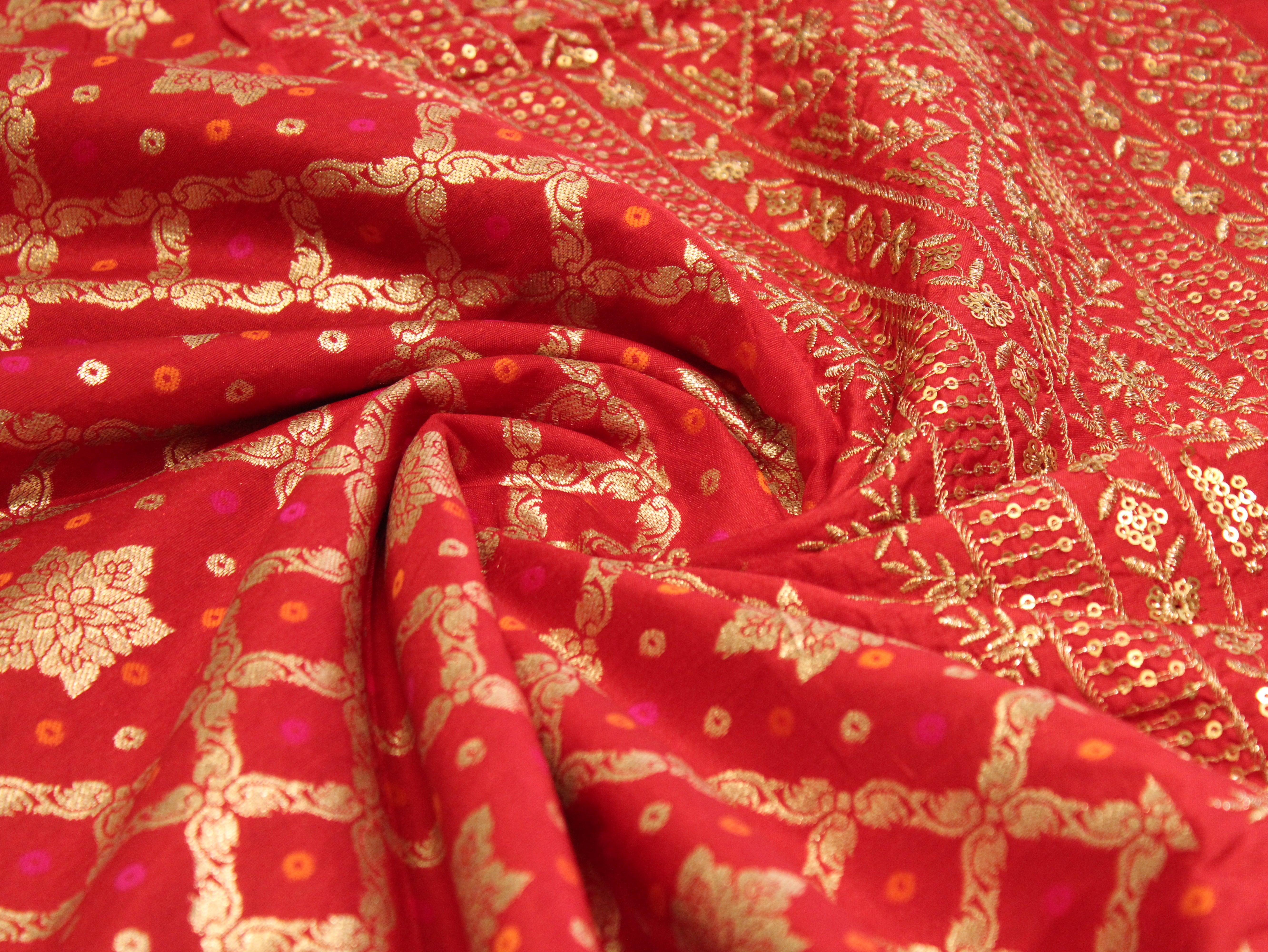 Zari Woven Bandhini Panel Work Dola Silk Fabric - Red - M'Foks
