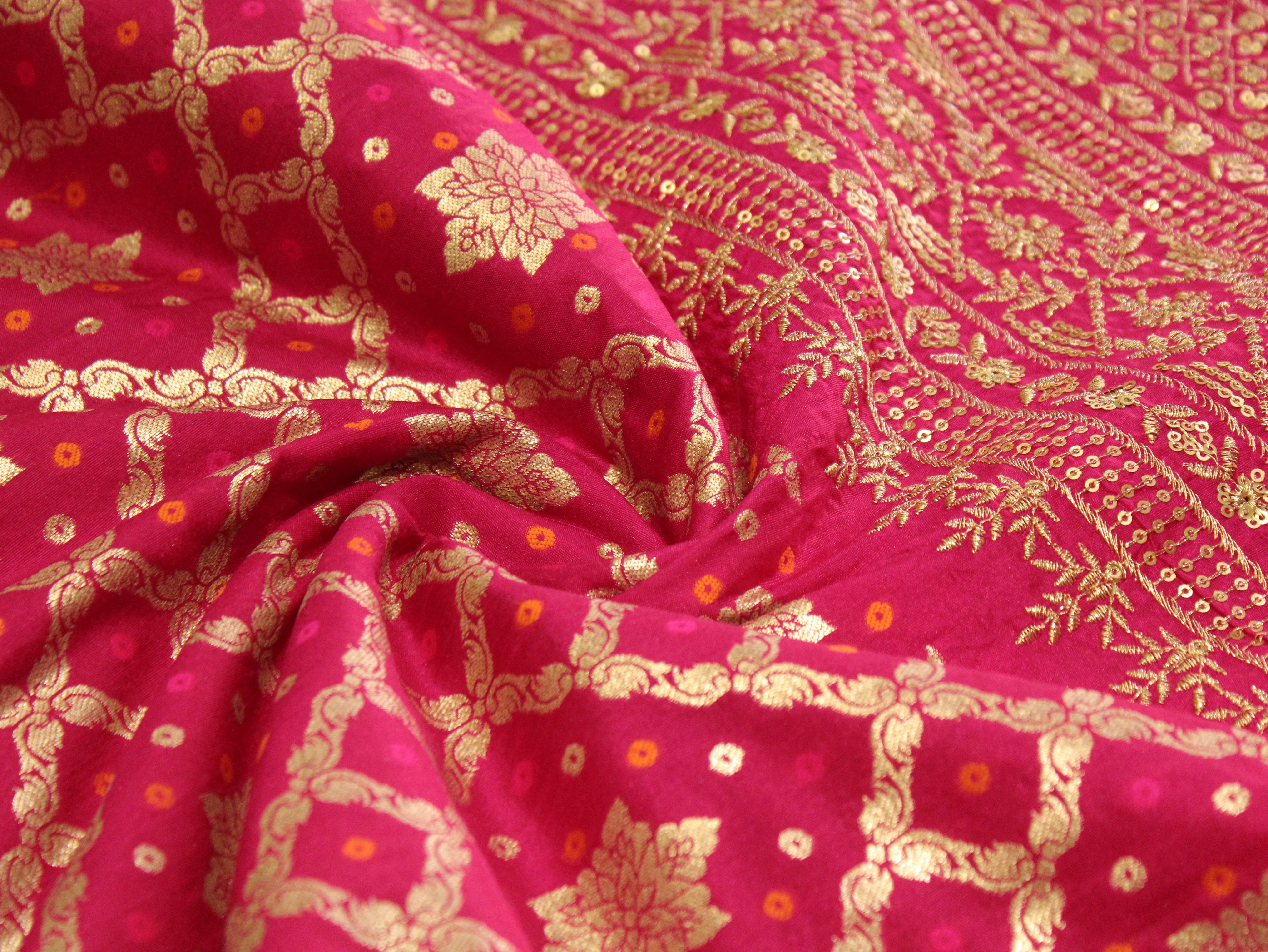Zari Woven Bandhini Panel Work Dola Silk Fabric - Silk Rani - M'Foks