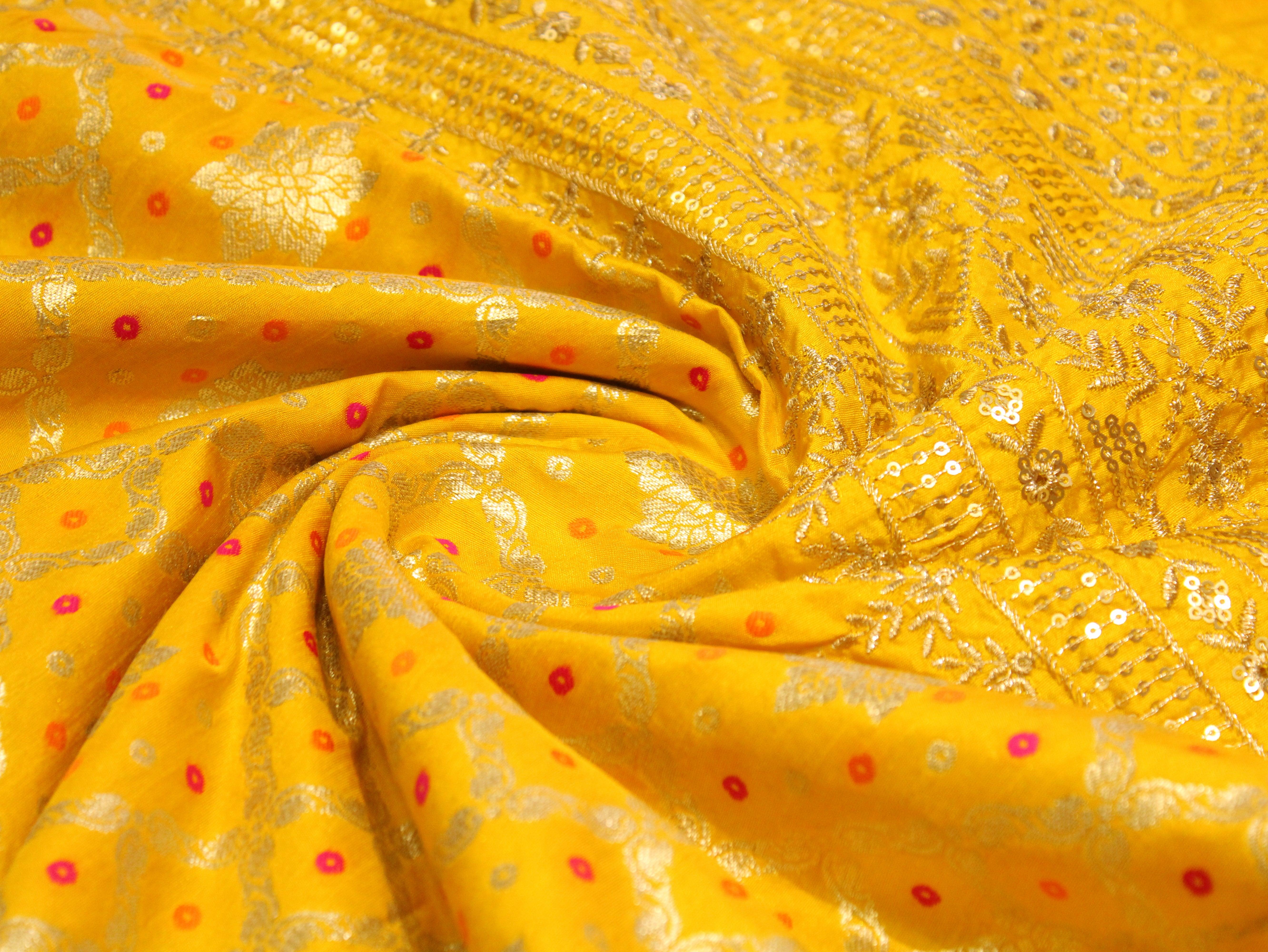 Zari Woven Bandhini Panel Work Dola Silk Fabric - Yellow - M'Foks