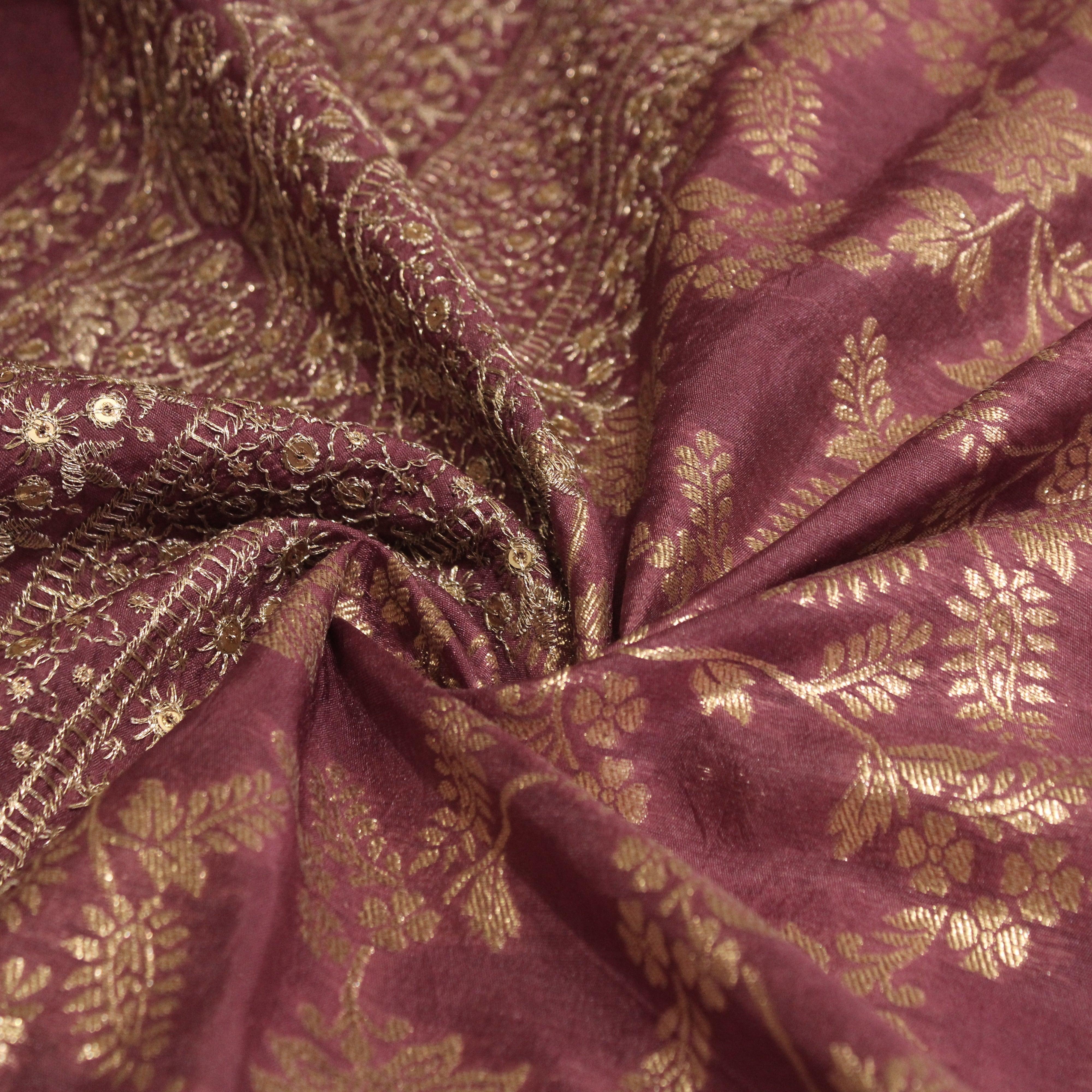 Zari Woven Panel Work Dola Silk Fabric - Onion - M'Foks