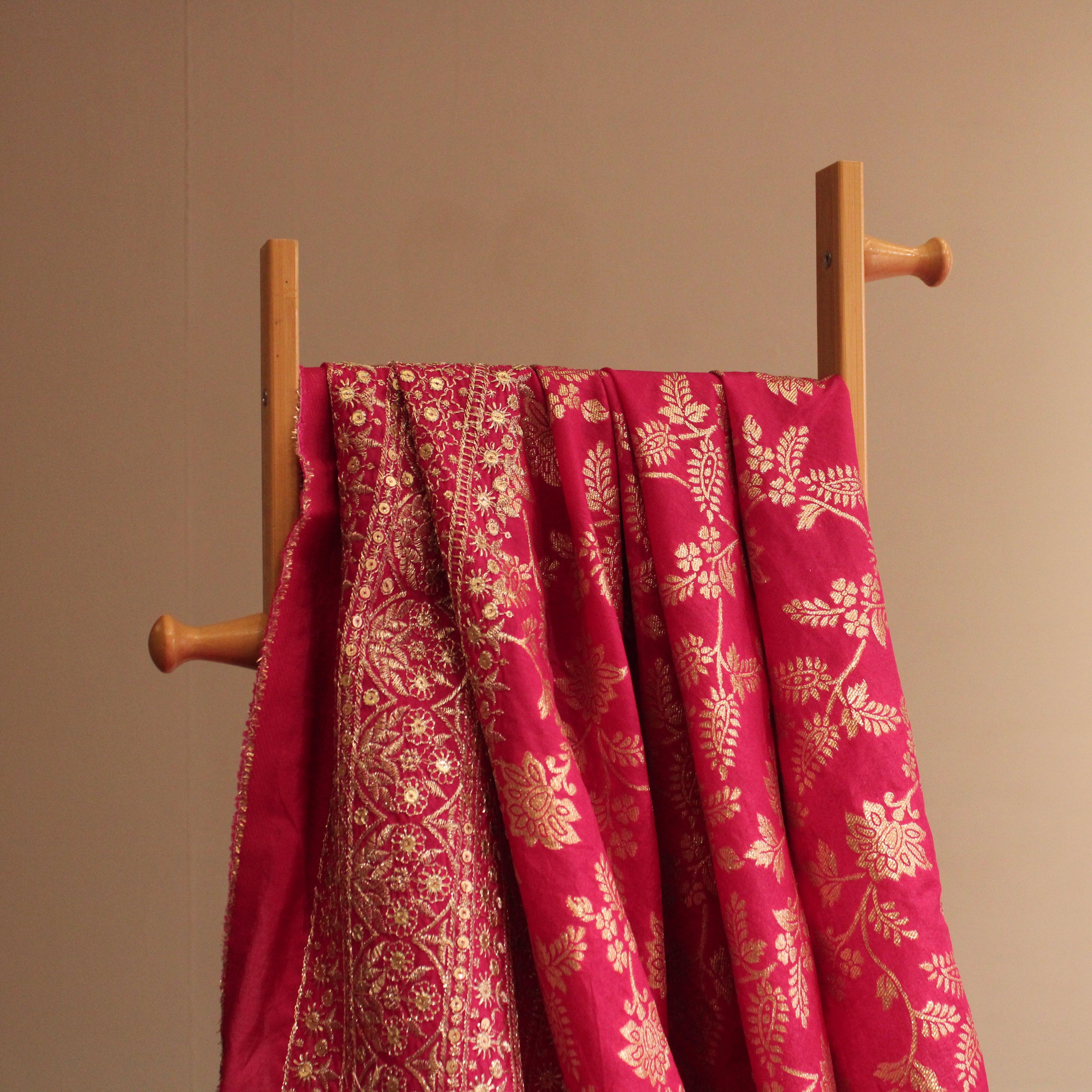 Zari Woven Panel Work Dola Silk Fabric - Rani - M'Foks