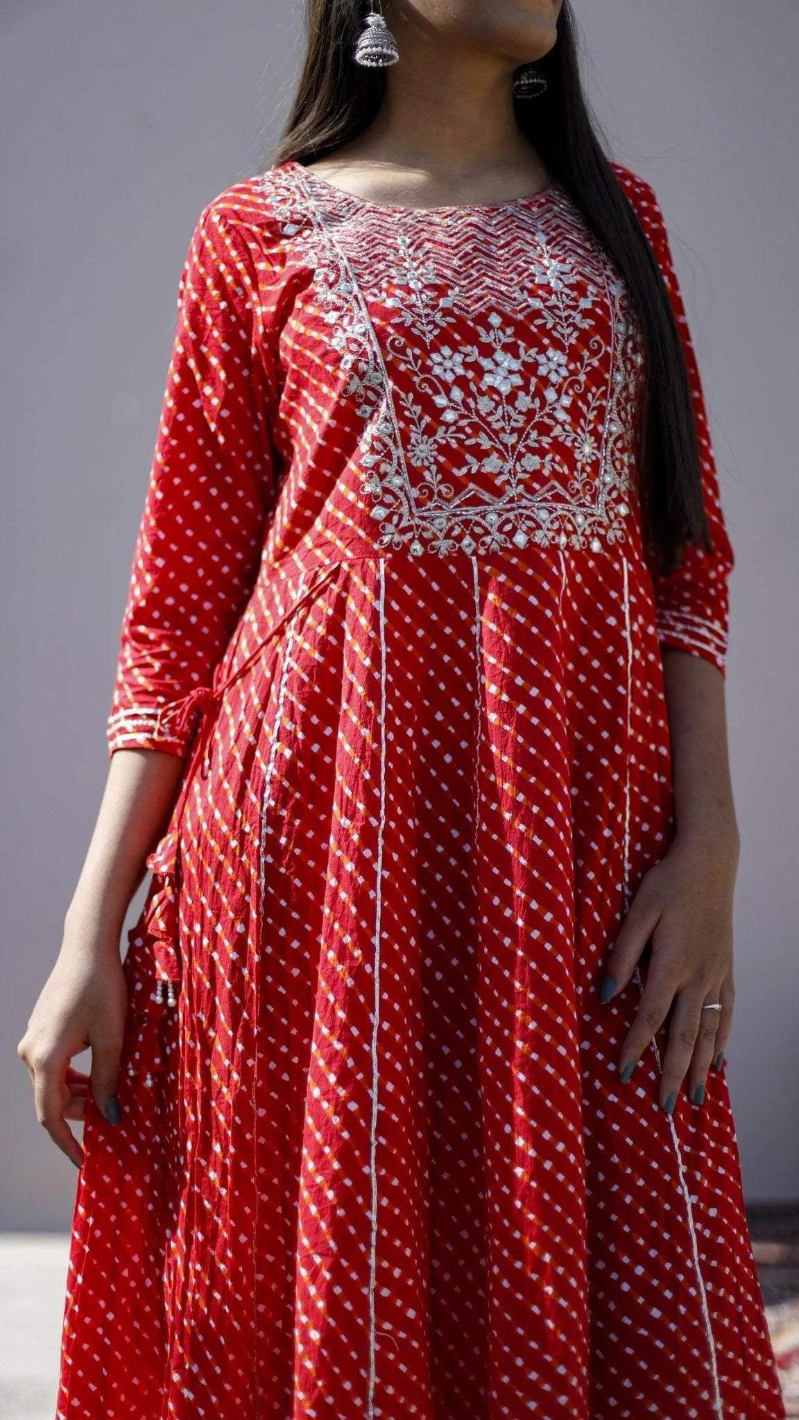 Cotton Anarkali Style One Piece Kurta - Red - M'Foks