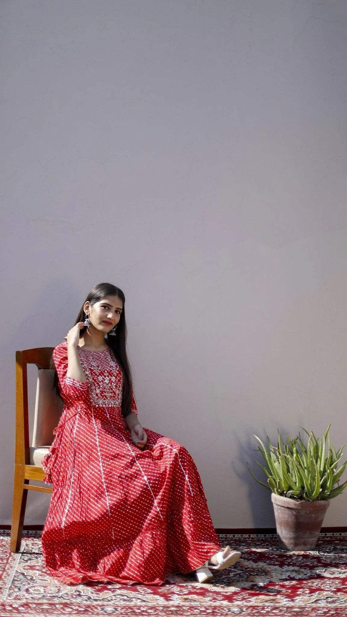 Cotton Anarkali Style One Piece Kurta - Red - M'Foks