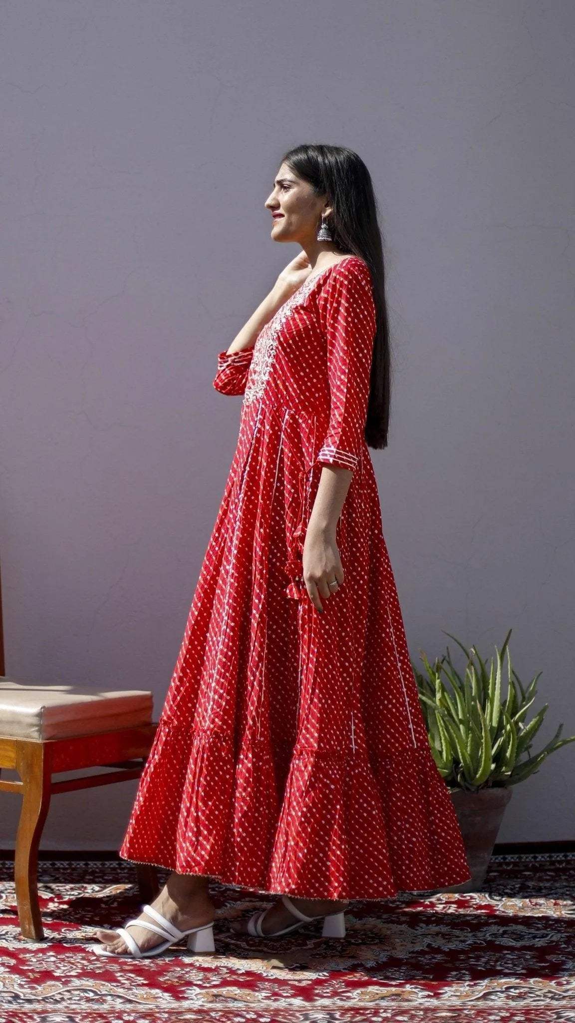 Cotton Anarkali Style One Piece Kurta - Red - M'Foks