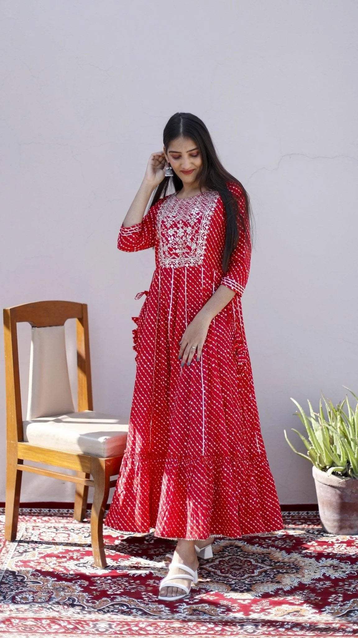 Cotton Anarkali Style One Piece Kurta - Red - M'Foks