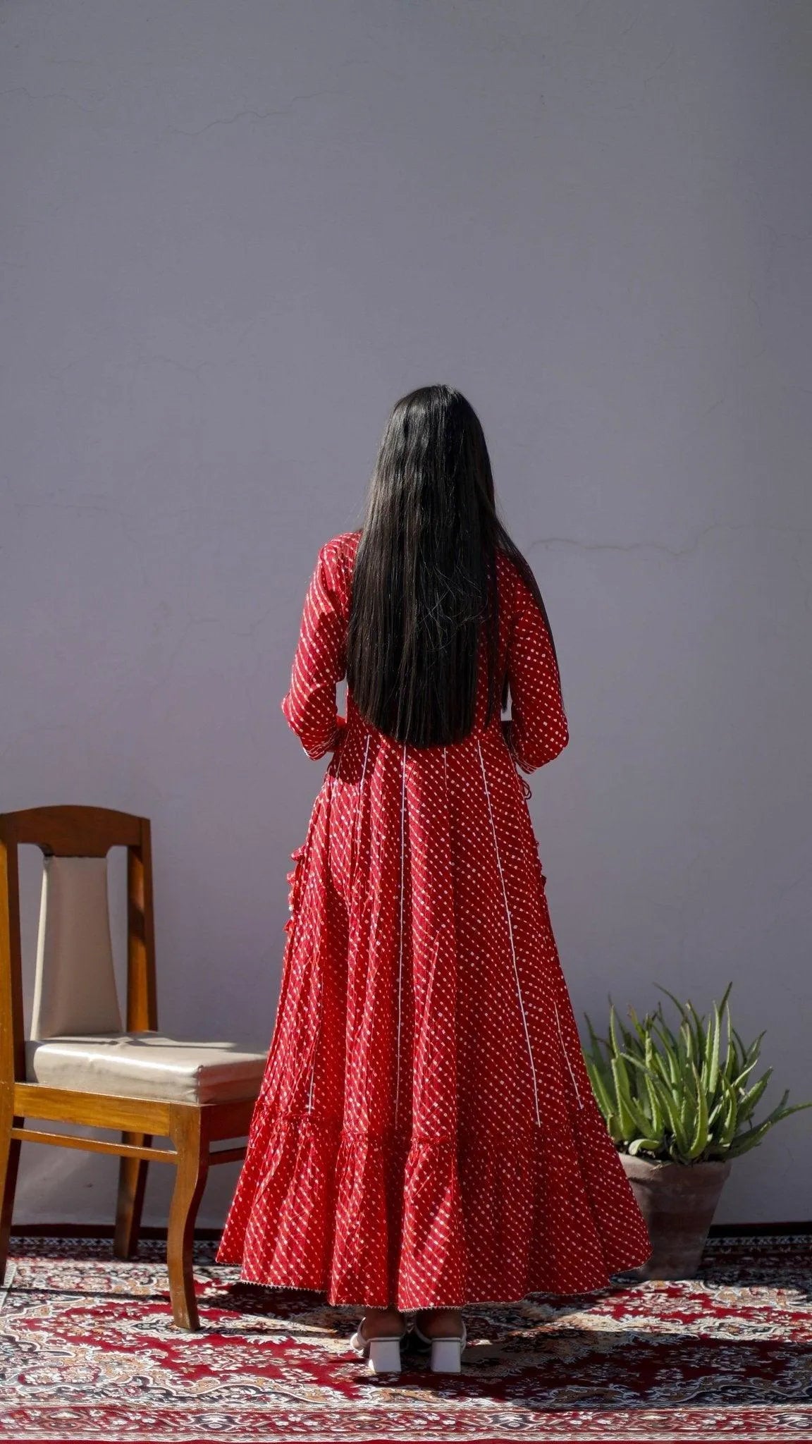 Cotton Anarkali Style One Piece Kurta - Red - M'Foks