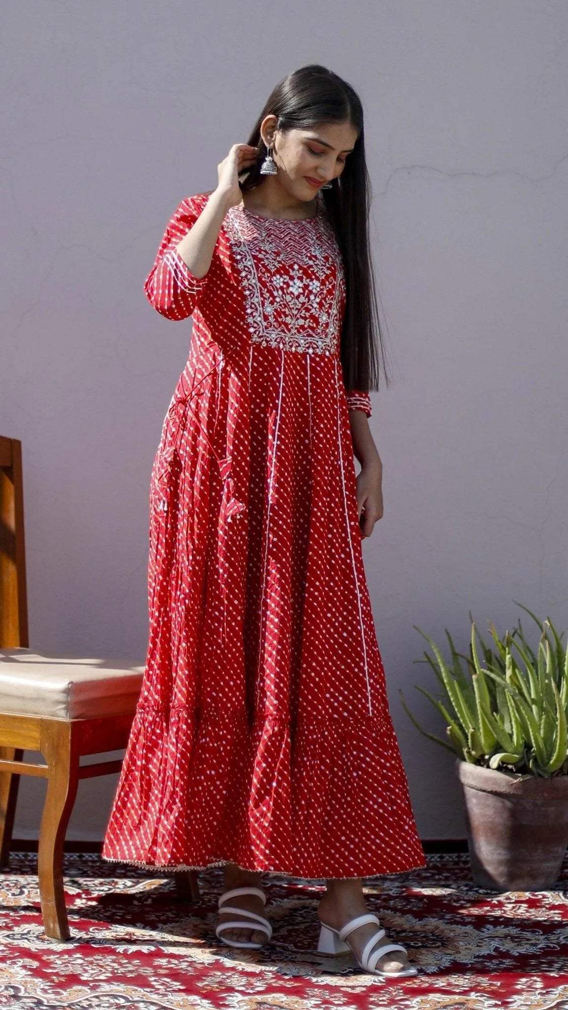 Cotton Anarkali Style One Piece Kurta - Red - M'Foks