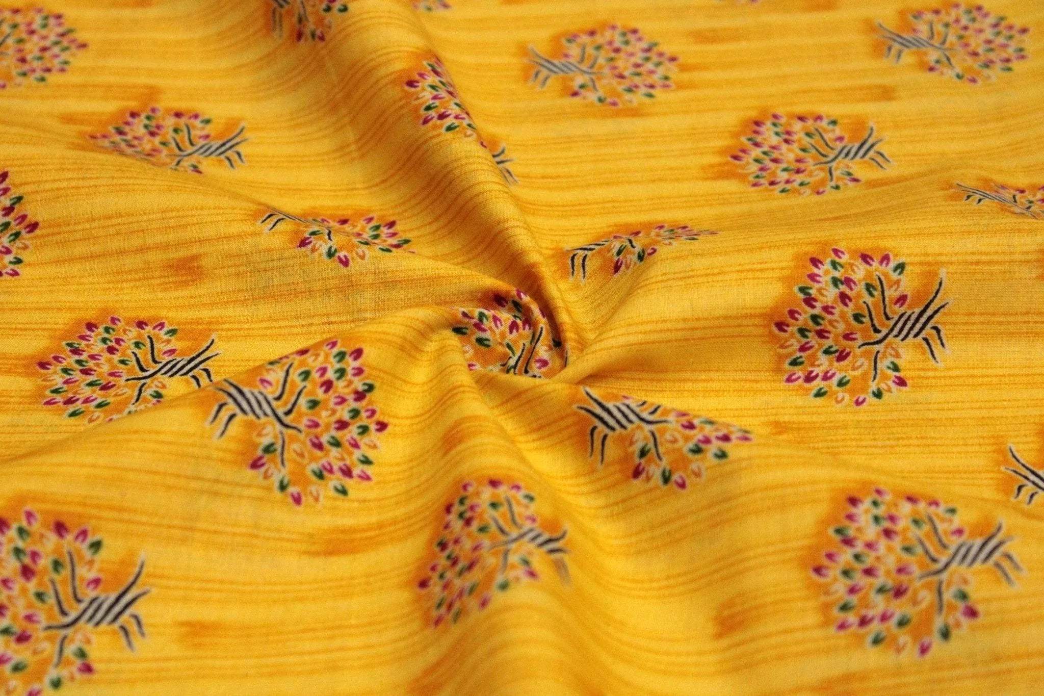 Cotton Buti Screen Print Fabric - Yellow - M'Foks