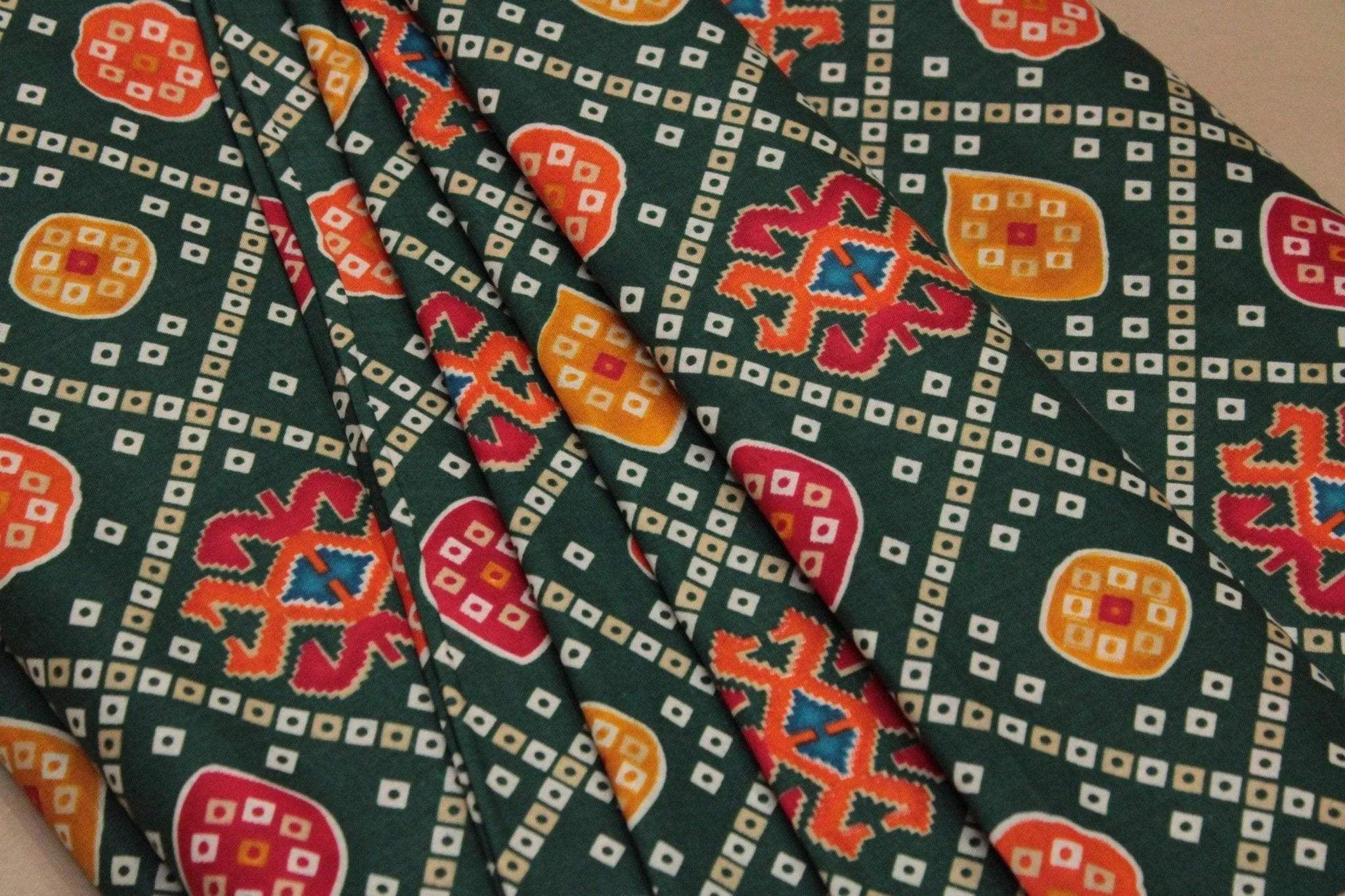 Cotton Patola Bandhini Screen Print Fabric - Green - M'Foks